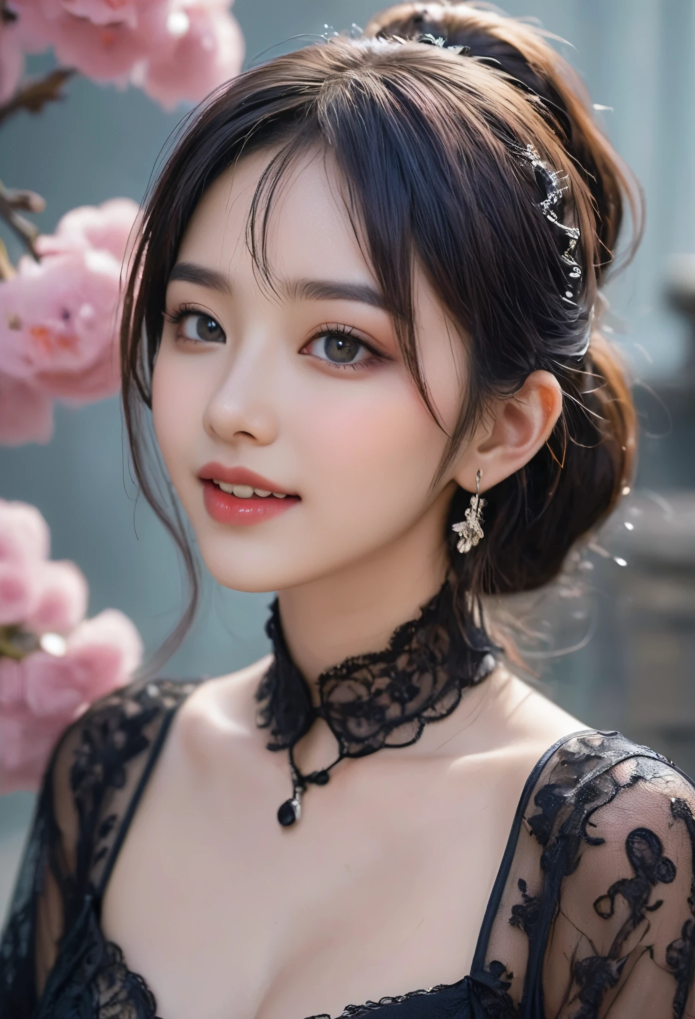 8K,  ultra high resolution,  HIGHEST QUALITY , masterpiece,  surrealistic ,  photo ,  1 girl at home, (18 years old:1.3),  pretty girl, Cute face, 每个细节都beauty的眼睛, 細かく detailedに, Gothic,Solo Girl,Back alleys in heavy rain,goth girl ,earrings,Gothic式慢节奏翻拍,Gothic式连衣裙,(Shiny golden brown hair ,Short Ponytail),(Princess face composition,Big eyes,Pointed Mouth,Red lipstick,Cute round face, a happy smile ,blush with embarrassment,blush,),(8K quality,desktop, HIGHEST QUALITY , ultra high resolution出力image,), intricate detail ,(非常に detailedな生の全身 photo :1.3),(Picture Mode Ultra HD),、Through 、View audience、beauty,Long Neck、Smile、 Please close your mouth and laugh 、((( ideal body proportions ))),A cup small breasts :2,、image:2、  perfect anatomy 、Vivid details、 detailed、 surrealistic 、Light and Shadow,glare,Fashion magazine cover,Thin lips