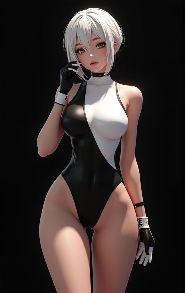 yorha type-2 b, nier automata, hairband, blindfold, short hair, swept bangs, straight hair, parted lips, white leotard swimsuit, skindentation, posing for photo, shiny skin, sexy pose, arm up, thigh boots, thighhighs under boots, cleavage, small breasts, wide hip, wide thighs, plump thighs, pale skin, from side, at living room, hotel room, white goth  ,  <lora:dalle3:1> score_9, score_8_up, score_7_up, score_6_up, score_5_up, score_4_up, source_anime