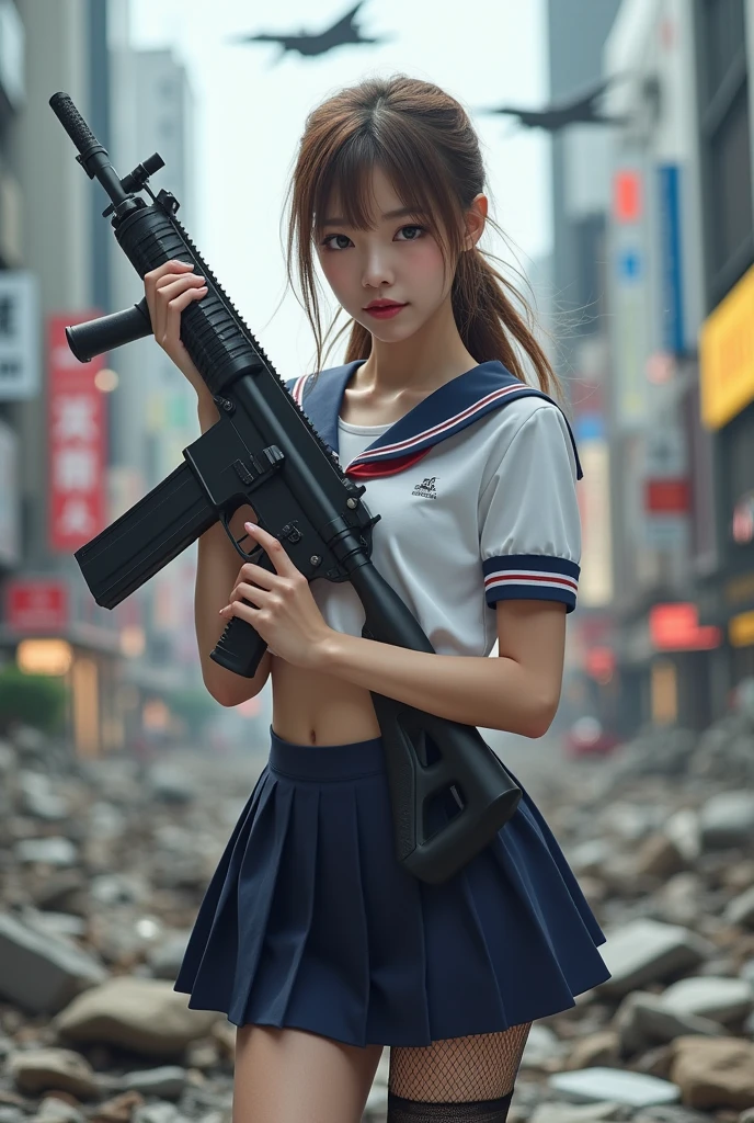 Viewer discretion advised:-2, Realistic, Highly realistic photos, Realistic,  spread your legs:1.21,  Portrait of a Japanese Woman with an Assault Rifle:1.21, Elegant appearance, , Cute Japanese woman'顔:1.21, Beautiful Japanese woman face:1.21, ( she holds an assault rifle :1.5), Female Sniper, With a Japanese sword on his back, There&#39;there is a lot of blood on her body.:1.21, sexy,  Confident Expressions , (Above the knee shot.:1.21), (Realistic photos:1.4), (masterpiece, Best Quality:1.2), RAW Photos, 32K High Resolution, Intricate details, very detailed, ( flat chest:1.21), Gazing at the audience, Narrow waist, Cute face,  light brown hair, ( low ponytail:1.21), Falling bangs, School uniform, Sailor uniforms from famous Tokyo Metropolitan High Schools, Short sleeve clothing, Short-sleeved sailor suit:1.21, sera fuku:1.21, The upper body is wearing a uniform:1.21, Show me your belly:1.21,  navy blue pleated mini skirt on a large ruined city street:1.37,  knee-high fishnet stockings , Knee-high boots, Bust Top Float, Sharp eyebrows:1.37,   pink lipstick :0.95, Detailed face, hostility, Pale skin:1.21, Fine skin,   Glowing Skin :1.21, in the Shinjuku skyscrapers, Tokyo, Conflict Zone, 荒廃した広い街の通りで, Inflammation, Floating steam, Collapsed building, tobacco, , F16 fighter jets fly high overhead, natural light illuminates her body.:1.37,  ray tracing , Emotional, Dynamic and cinematic lighting,