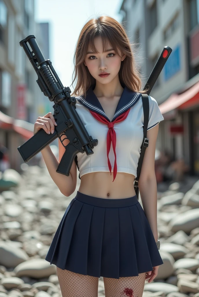 Viewer discretion advised:-2, Realistic, Highly realistic photos, Realistic,  spread your legs:1.21, portrait of a Japanese woman holding an assault rifle:1.21, Elegant appearance, , Cute Japanese woman'顔:1.21, Beautiful Japanese woman face:1.21, ( she holds an assault rifle :1.5), Female Sniper, With a Japanese sword on his back, There&#39;there is a lot of blood on her body.:1.21, sexy,  Confident Expressions , (Above the knee shot.:1.21), (Realistic photos:1.4), (masterpiece, Best Quality:1.2), RAW Photos, 32K High Resolution, Intricate details, very detailed, ( flat chest:1.21), Gazing at the audience, Narrow waist, Cute face,  light brown hair, ( wave hair:1.21), Falling bangs, School uniform, Sailor uniforms from famous Tokyo Metropolitan High Schools, Short sleeve clothing, Short-sleeved sailor suit:1.21, sera fuku:1.21, The upper body is wearing a uniform:1.21, Show me your belly:1.21,  navy blue pleated mini skirt on a large ruined city street:1.37,  knee-high fishnet stockings , Knee-high boots, Bust Top Float, Sharp eyebrows:1.37,   pink lipstick :0.95, Detailed face, hostility, Pale skin:1.21, Fine skin,   Glowing Skin :1.21, in the Shinjuku skyscrapers, Tokyo, Conflict Zone, 荒廃した広い街の通りで, Inflammation, Floating steam, Collapsed building, tobacco, , F16 fighter jets fly high overhead, natural light illuminates her body.:1.37,  ray tracing , Emotional, Dynamic and cinematic lighting,