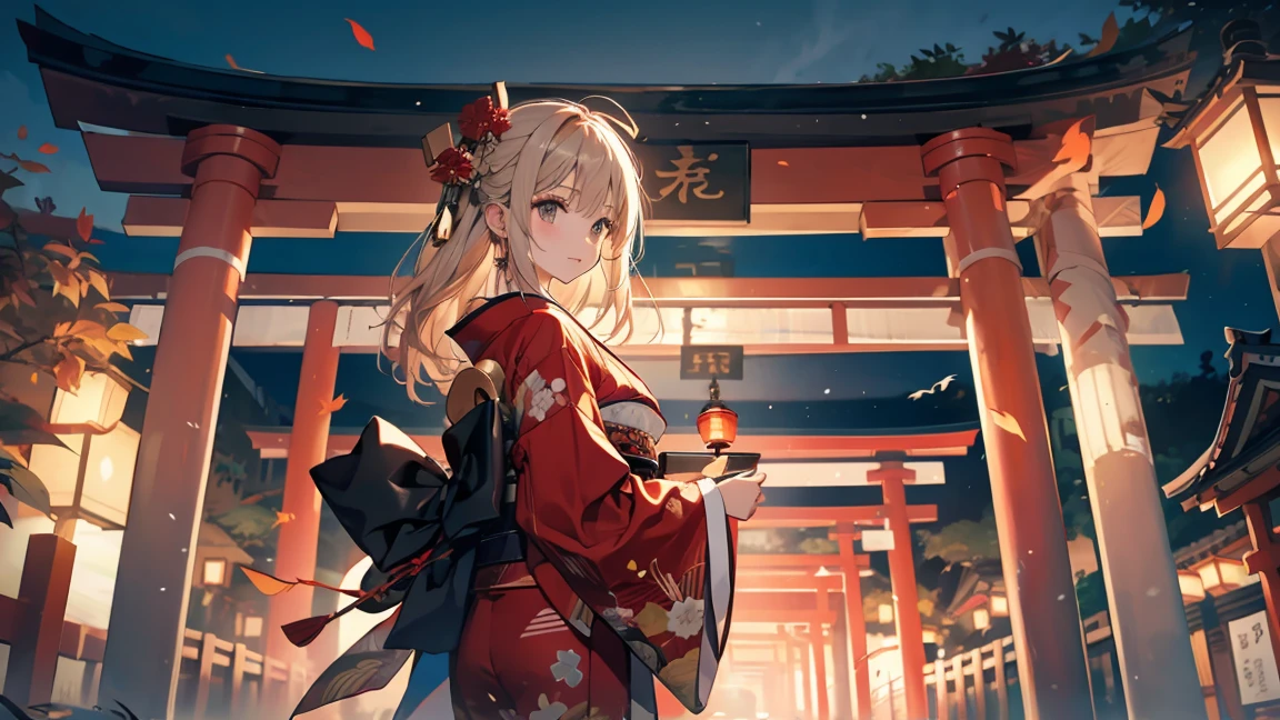 Thousand Torii Gates,autumn,evening,nostalgic、 she is wearing a gorgeous, colorful kimono 