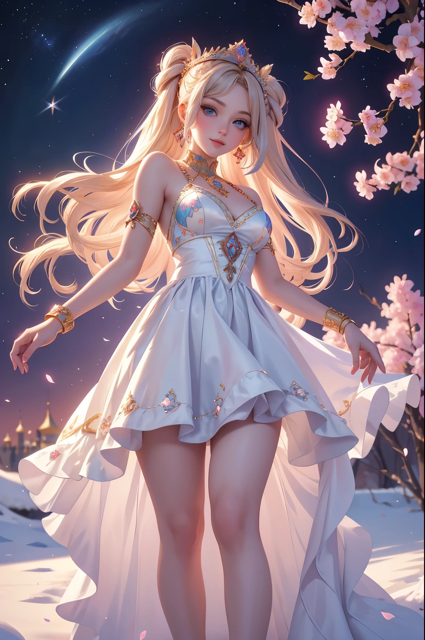 In manhwa art style, a young Korean woman 28s. Her hair is short at shoulder in a blonde pink colors. Her face is slightly shorter than it is long, which carry a warm , expressive face. Her skin is radiant and clear, and her curved lips. Large blue eyes are expressive and captivating. Her natural body and defined made up of proportional curves. She is wearing a white dress while the light of the lanterns in the botan garden at night illuminates the flowers