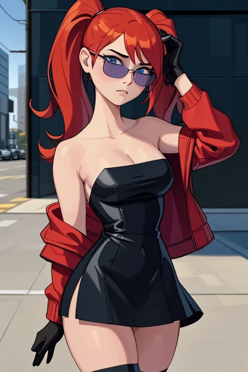 ((masterpiece, best quality)), (8k, best quality), (((best quality))), 1girl, solo, anime style, highly detailed and realistic, good anatomy, photorealistic rendering, a young woman with red pigtails and blue eyes, wearing an unbuttoned red jacket over a black dress, black gloves, and white thigh-high socks. Sunglasses rest on her head. Subtle movement in her hair and jacket, as if a gentle breeze passes by. She stands confidently on a concrete surface with soft shadows, creating a realistic urban setting. The background is simple and indoors with neutral colors. Emphasis on her stylish and modern look, capturing her confident posture, natural proportions, and intricate attire and accessories. Ultra high resolution, perfect anatomy, contemporary style, award-winning illustration, dramatic lighting, hyper-detailed clothing folds, vibrant colors, subtle shadows, score_9, score_8_up, score_7_up, score_6_up, score_5_up, score_4_up, (anime_source), A highly detailed and realistic 3D model of a young woman standing confidently in front of an orange wall. She has red hair styled in pigtails and blue eyes. She is wearing an unbuttoned red jacket over a black dress, black gloves, and white thigh-high socks. She has a pair of sunglasses resting on her head. The model should include subtle movement in her hair and the fabric of her jacket, as if a gentle breeze were passing by. The scene is set on a concrete surface with shadows cast on the ground, providing a realistic urban setting. The background should be simple and indoors with neutral colors. The model should be photorealistic and highly detailed, showing the character's stylish and modern look. Make sure the model captures her confident posture and natural proportions, with special attention to detailed attire and accessories,