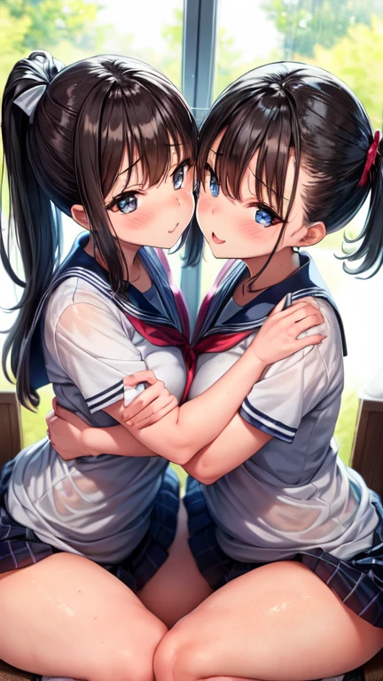 Two teenage girls ，Angry expression，Equal height， In the classroom， dark hair ponytail ，Facing each otherにらめっこ， Embrace Each Other ， their bodies are close to each other，{{kissu、二人のphotograph、手を繋いでFacing each other、 photograph、Pushing each other、 sticking yours together 、,Best Quality,1 girl,{{kissu_tonguetongue,,tongue、Two Girls、together、 ***がFacing each otherいる 、While embracing each other{{kissu、Huge 、Facing each other{{kissu、 Embrace Each Other 、uniform、High school girl