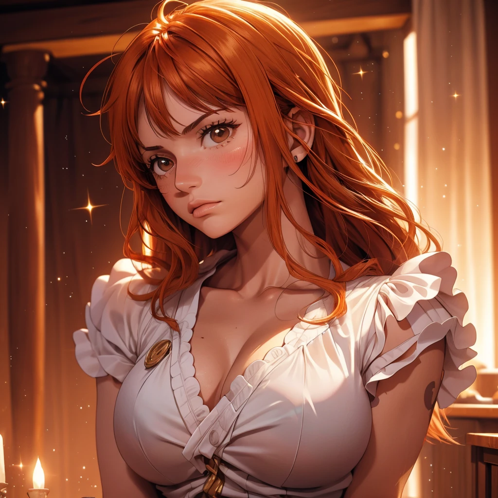 1 girl,  high resolution , long hair, Blush, Backlighting, Necessary, HD model, Red hair, orange hair, shiny hair, wavy hair, big breasts, brown eyes, brown eyes, Shame on the nose, open eyes, thinking, top view, simple background, Vanishing point, brilliance, silhouette, Illustration, anime, ANIME STYLE, One piece, cozy, night, moonlight, alone, fringe, messy hair, fringe entre os olhos, sad, worried, sparkling pupils, tired, alone, alone, top view, 