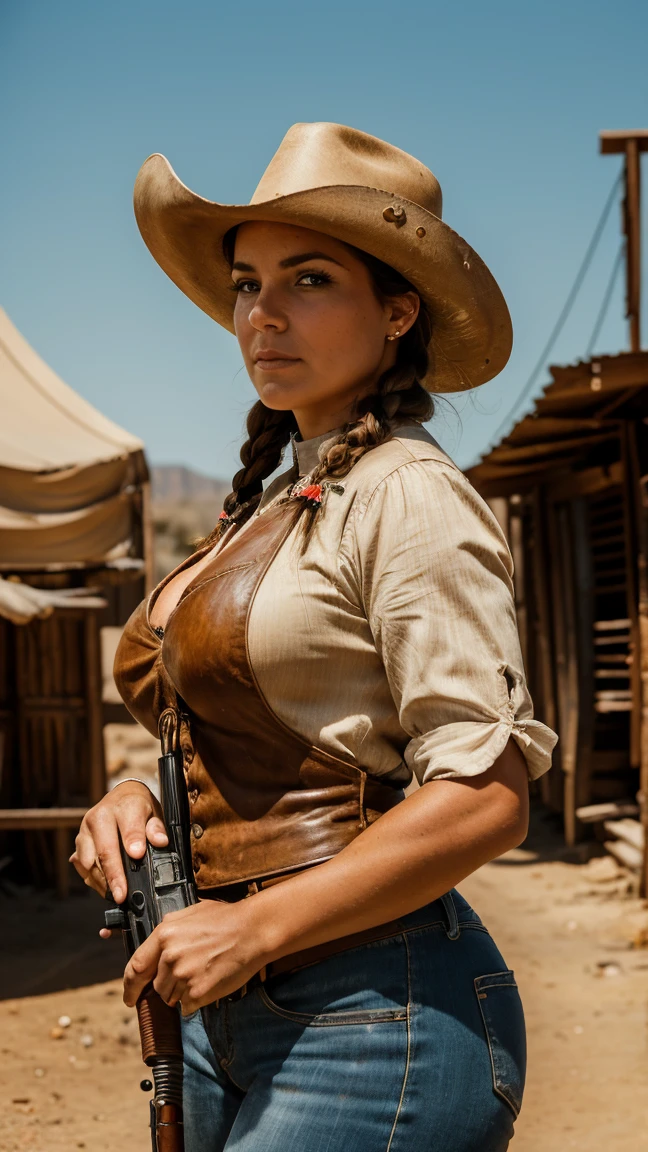 RAW, analogue, Nikon Z 85mm, award-winning glamor photography, ((best quality)), ((masterpiece)), ((photorealistic:1.4)), masterpiece, best quality, photorealistic, (long shot), photo of a 40 years old thick curvy cowgirl, busty woman, in the old far west, in a dirty town with wooden building, dressed as a cowboy from the 1700's, rude brutal woman, living from blood and violence, outlaw, dark brown hair, braided long pigtails, tanned skin, rude mean face, dusty windy town, sun glow through dust particles, ray tracing, pointing her gun at someone, she's holding a colt 45 handgun, duel time, fire from gun canon,