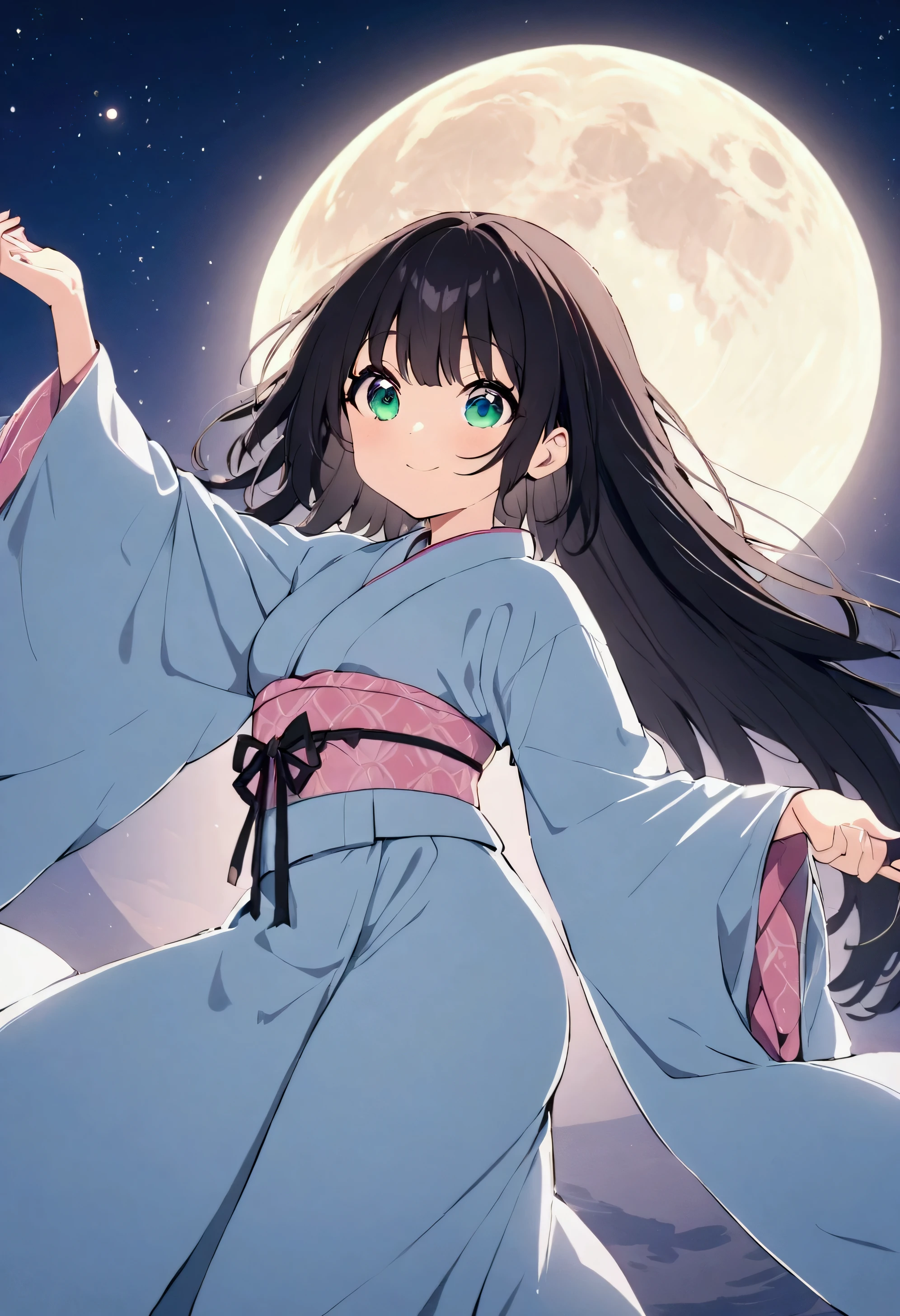 Best Quality、8k、masterpiece:1.3、 Japanese anime style、people々girl、1people、1peopleで、Petite、Glamorous Body、curve、cute、Smiling quietly、Beautiful long black hair、 beautiful emerald green eyes 、 wear a kimono made of pink fabric、Dancing in the moonlight、The background is a big full moon and stars 々is、
