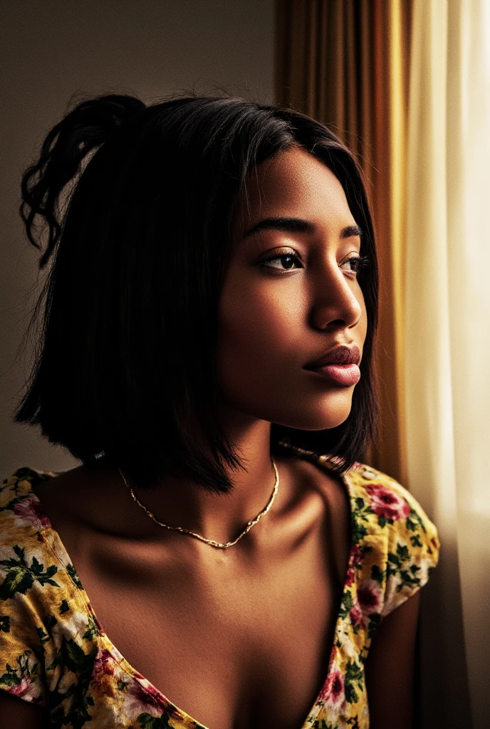 masterpiece, best quality, 1 Female, small head, round face, , african , 26 yo, beautiful , , ((perfect straight hair)), brown lip, , finely detailed eyes and Perfect face, extremely detailed CG unity 8k wallpaper, intricate details, [ wearing Yellow Cloth 90s Style and Denim ), feminine , Textured, ((Sitting in Bedroom Feeling wake up from sleep, Looking Window, with window outdoor morning light )), colorful, artistic, depth of field with , realism, Extremely detailed, Detailed, glow up, (best quality:1.5) film grain (Nighttime ) auto focus, (detailed skin),cinematic photo,ambient, ultra camera, Very Amazing picture, (Wide shoot), amazing pose, auto focus, stunning, dream light, soft light, soft colour, High quality, bokeh effect, Attractive pose, skin detailed pores, 8k, 4k, best quality, retrato ultra quality, Perfect proportion anatomy, , glow up skin, wide shoot Mode, , HDR perfect texture,, full, glowing, textUred ((without beard))