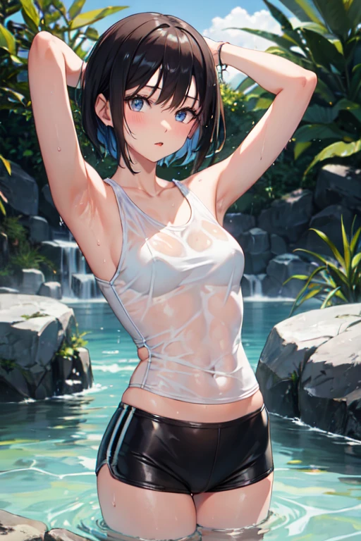 (NSFW:1.2), masterpiece, best quality, 1girl, solo, (very wet clothes), ((long oversized white T-shirt:1.3)), ((white semi transparent lace yoga shorts)), (super thin fabric:1.4), (semi transparent:1.5), (thin pubic hair), (cameltoe), armband, very wet, wet skin, dynamic pose, in the middle of an empty swimming pool, looking at viewer, head tilt, smug, multi-colored hair, beautiful turquoise eyes, dynamic hair, perfect body, sexy, perky small chest, highly detailed, more details, cinematic atmosphere, (rain: 1.5), precise correct anatomy, fun scene, artstation, detailed skin, detailed face, detailed eyes, hyper-detailed art, intricately detailed, pose figure, intricate details, dynamic lighting, post-processing, global lighting, detailed and intricate environment, modelshoot style, 8K UHD, concept art, octanag rendering