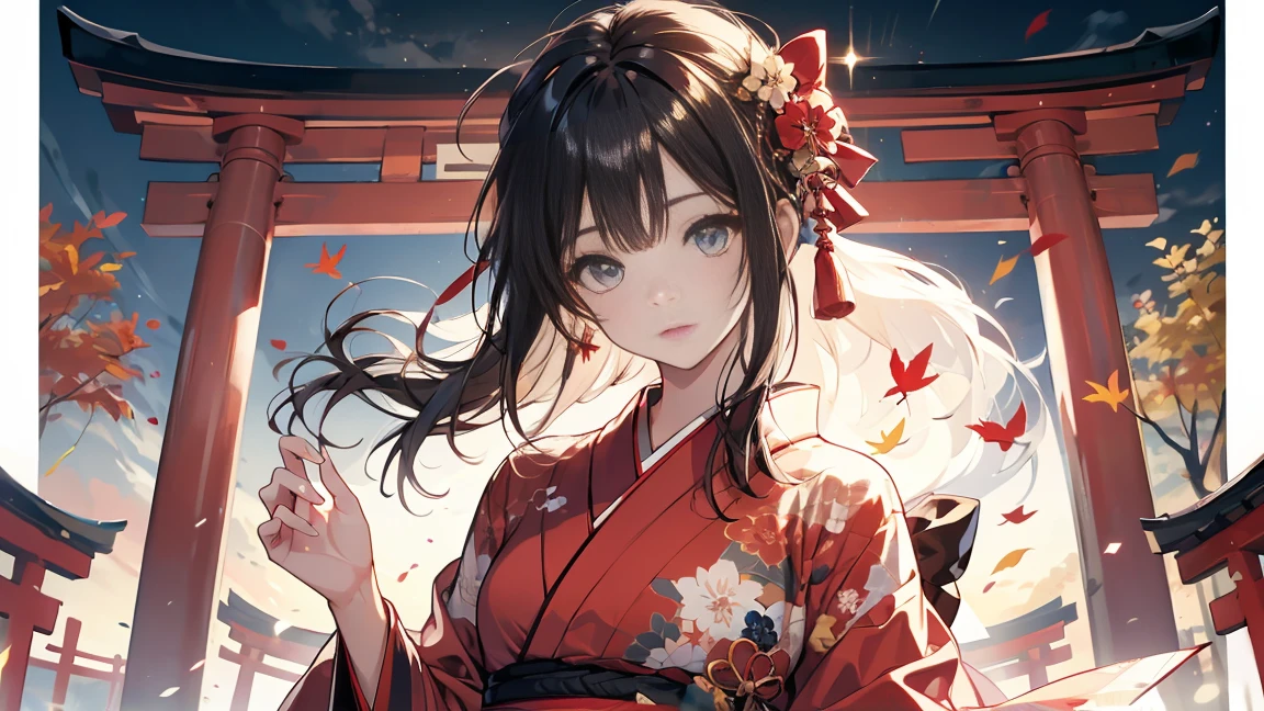 Thousand Torii Gates,autumn,evening,nostalgic、She has a beautiful face, brightly colored sparkling eyes and dark hair.  she is wearing a gorgeous, colorful kimono 