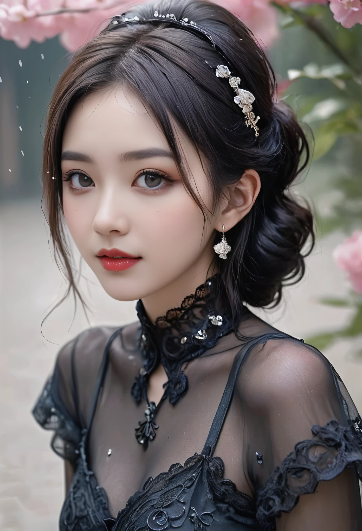 8K,  ultra high resolution,  HIGHEST QUALITY , masterpiece,  surrealistic ,  photo ,  1 girl at home, (18 years old:1.3),  pretty girl, Cute face, 每个细节都beauty的眼睛, 細かく detailedに, Gothic,Solo Girl,Back alleys in heavy rain,goth girl ,earrings,Gothic式慢节奏翻拍,Gothic式连衣裙,(Shiny golden brown hair ,Short Ponytail),(Princess face composition,Big eyes,Pointed Mouth,Red lipstick,Cute round face, a happy smile ,blush with embarrassment,blush,),(8K quality,desktop, HIGHEST QUALITY , ultra high resolution出力image,), intricate detail ,(非常に detailedな生の全身 photo :1.3),(Picture Mode Ultra HD),、Through 、View audience、beauty,Long Neck、Smile、 Please close your mouth and laugh 、((( ideal body proportions ))),A cup small breasts :2,、image:2、  perfect anatomy 、Vivid details、 detailed、 surrealistic 、Light and Shadow,glare,Fashion magazine cover,Thin lips