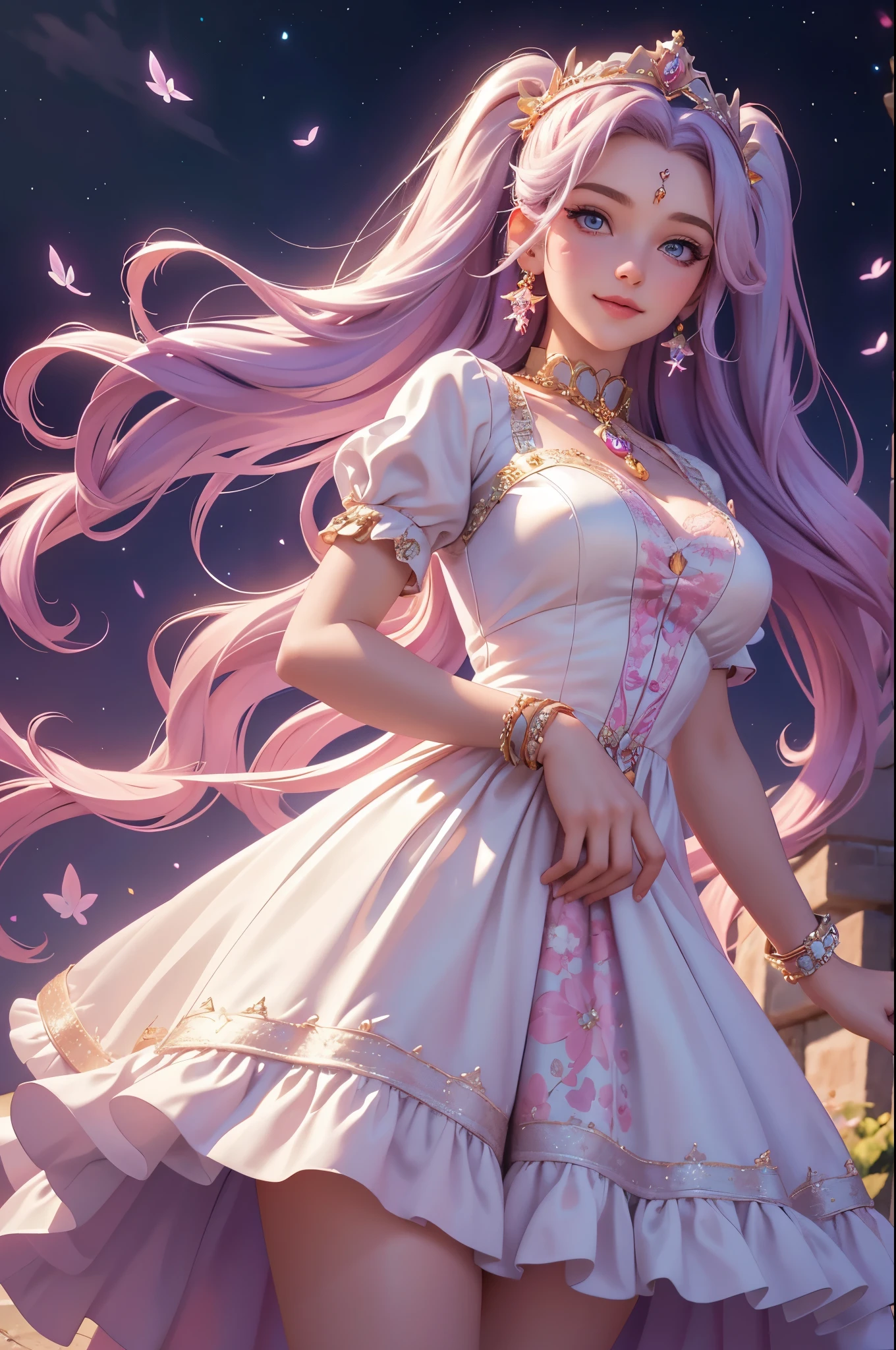 (best quality,4k,8k,highres,masterpiece:1.2),ultra detailed,(realistic,photorealistic,photo-realistic:1.37),acrylic painting,beautiful Swiss godess in a ta dress with downy hair,beautiful Swiss godess with extremely colorful hair and detailed facial features,beautiful Swiss godess standing in a beautiful garden surrounded by a starry sky,beautiful Swiss godess wearing a vibrant Loliress,beautiful Swiss godess with intricate accessories and a matching hat,beautiful Swiss godess posing gracefully with her hands on her hips,beautiful Swiss godess with long flowing twintails,beautiful Swiss godess with bright blue eyes and rosy lips,beautiful Swiss godess with a joyful expression,beautiful Swiss godess in a dynamic pose with cherry blossoms falling around her,beautiful Swiss godess surrounded by colorful flowers and butterflies,beautiful Swiss godess's dress adorned with cute bows and lace details,beautiful Swiss godess with an enchanting smile,beautiful Swiss godess with soft pastel color shading,beautiful Swiss godess with a magical glow illuminating her,beautiful Swiss godess in a picturesque setting with a winding path leading to a magnificent castle,beautiful Swiss godess with a fairytale background,beautiful Swiss godess with a soft dreamy atmosphere,beautiful Swiss godess with a subtle bokeh effect,beautiful Swiss godess standing under a moonlit sky,beautiful Swiss godess with a warm golden sunset in the background,beautiful Swiss godess surrounded by twinkling stars and colorful nebulae,creating an ethereal and captivating artistic masterpiece