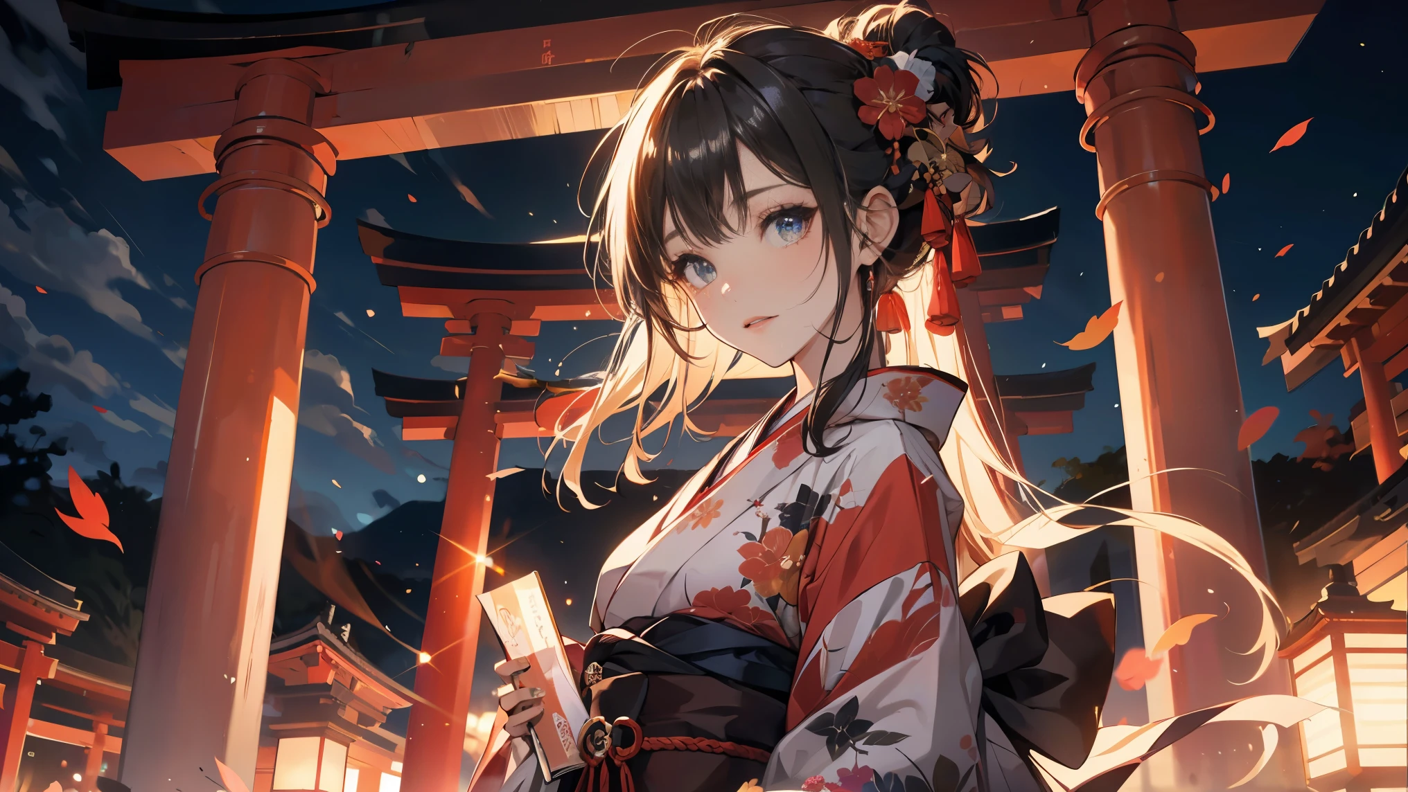 Thousand Torii Gates,autumn,evening,nostalgic、She has a beautiful face, brightly colored sparkling eyes and dark hair.  she is wearing a gorgeous, colorful kimono 