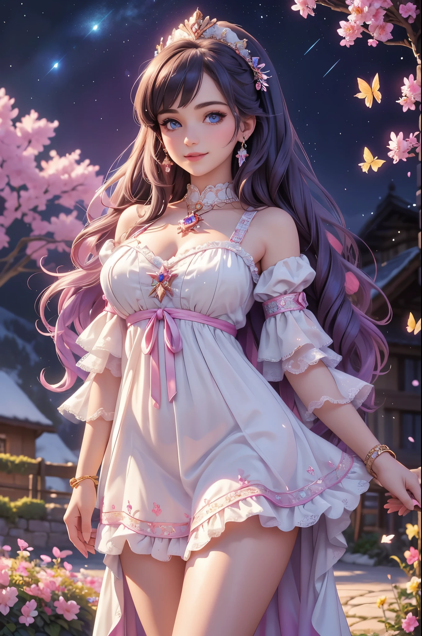 (best quality,4k,8k,highres,masterpiece:1.2),ultra detailed,(realistic,photorealistic,photo-realistic:1.37),acrylic painting,beautiful Swiss godess in a ta dress with downy hair,beautiful Swiss godess with extremely colorful hair and detailed facial features,beautiful Swiss godess standing in a beautiful garden surrounded by a starry sky,beautiful Swiss godess wearing a vibrant Loliress,beautiful Swiss godess with intricate accessories and a matching hat,beautiful Swiss godess posing gracefully with her hands on her hips,beautiful Swiss godess with long flowing twintails,beautiful Swiss godess with bright blue eyes and rosy lips,beautiful Swiss godess with a joyful expression,beautiful Swiss godess in a dynamic pose with cherry blossoms falling around her,beautiful Swiss godess surrounded by colorful flowers and butterflies,beautiful Swiss godess's dress adorned with cute bows and lace details,beautiful Swiss godess with an enchanting smile,beautiful Swiss godess with soft pastel color shading,beautiful Swiss godess with a magical glow illuminating her,beautiful Swiss godess in a picturesque setting with a winding path leading to a magnificent castle,beautiful Swiss godess with a fairytale background,beautiful Swiss godess with a soft dreamy atmosphere,beautiful Swiss godess with a subtle bokeh effect,beautiful Swiss godess standing under a moonlit sky,beautiful Swiss godess with a warm golden sunset in the background,beautiful Swiss godess surrounded by twinkling stars and colorful nebulae,creating an ethereal and captivating artistic masterpiece