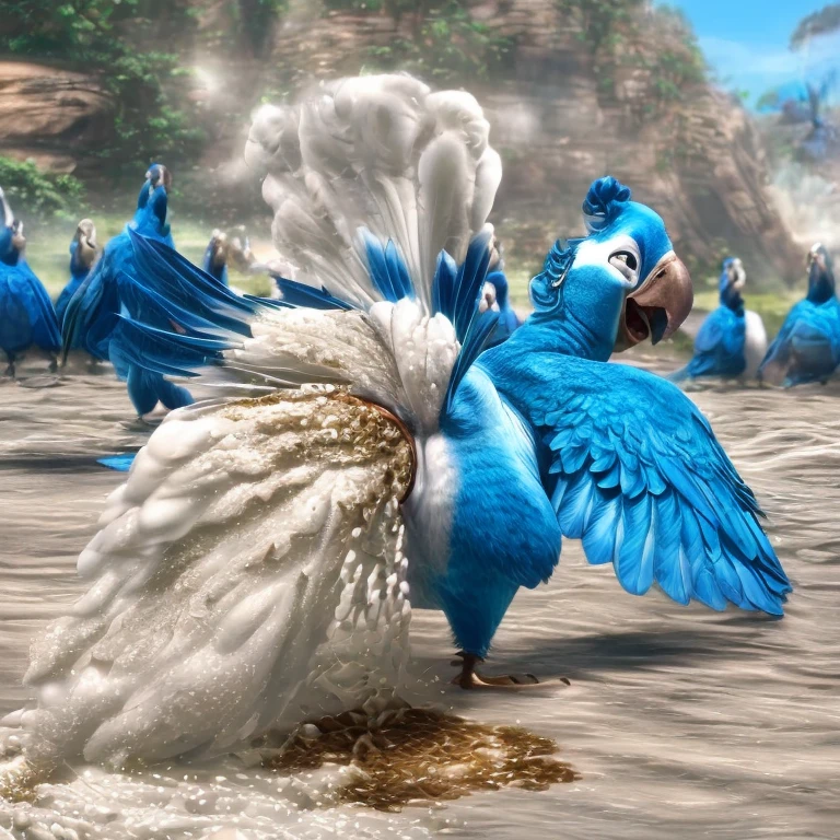 photorealistic, solo, (((( Mimi a female Spix macaw, Blue feathers, avian, feral, hyper excessive anal white feces, screaming)))), hyper realistic, cinematic colors, cinematic lighting, incredible detail, 16k resolution, award winning photography, ((((feral, rear view)))), ((((anal cloaca white feces explosion, white scat, excessive white feces))))