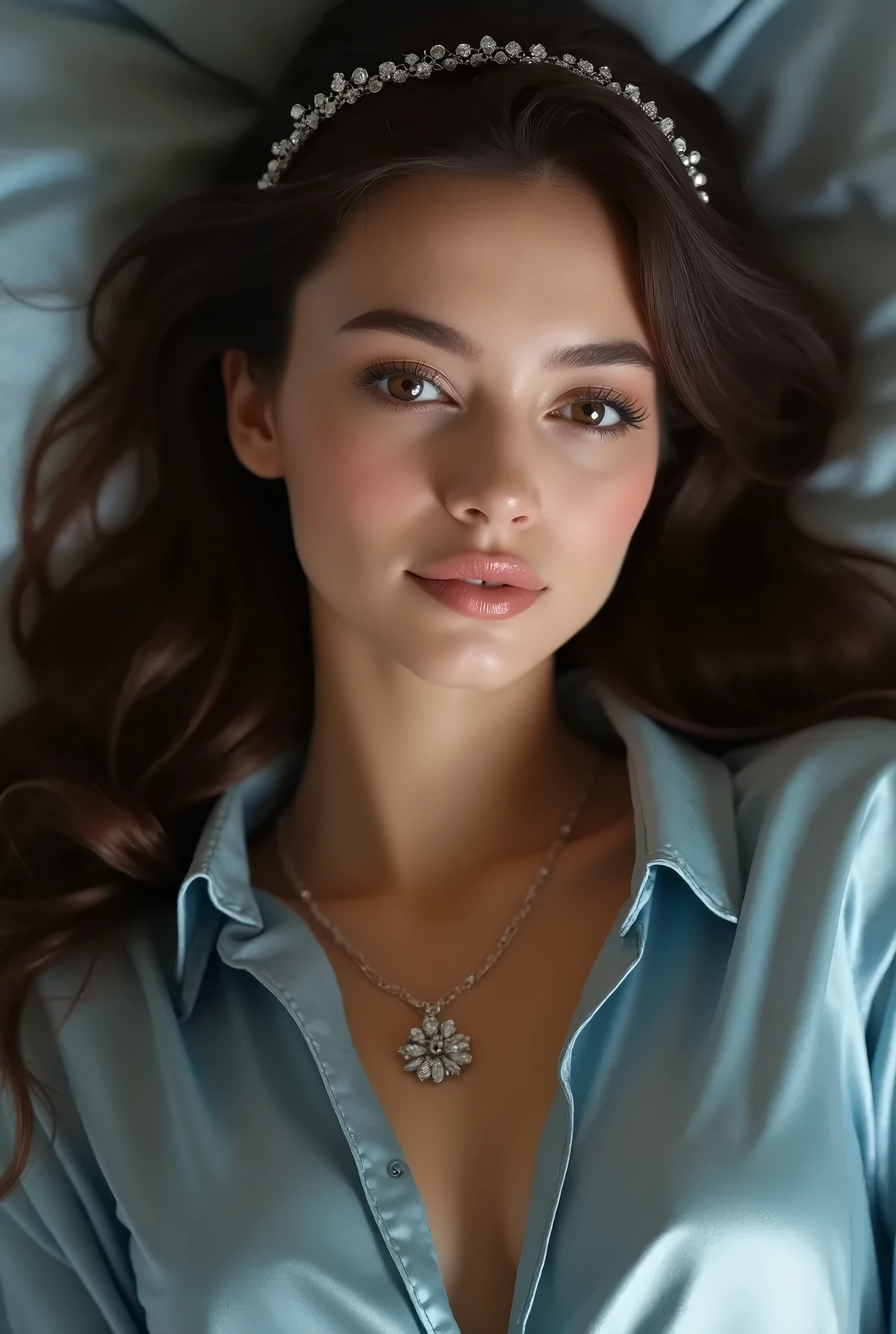 a beautiful young woman with a sexy body wearing pajamas, detailed facial features, long eyelashes, beautiful eyes, perfect skin, glossy hair, (best quality,4k,8k,highres,masterpiece:1.2),ultra-detailed,(realistic,photorealistic,photo-realistic:1.37),intricate details,warm lighting,cinematic composition,natural colors,soft focused background