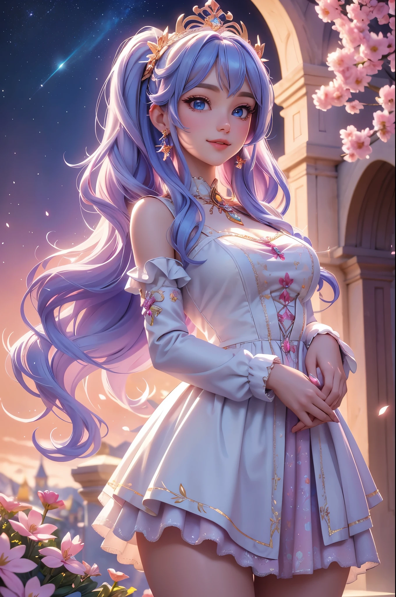 (best quality,4k,8k,highres,masterpiece:1.2),ultra detailed,(realistic,photorealistic,photo-realistic:1.37),acrylic painting,beautiful Swiss godess in a ta dress with downy hair,beautiful Swiss godess with extremely colorful hair and detailed facial features,beautiful Swiss godess standing in a beautiful garden surrounded by a starry sky,beautiful Swiss godess wearing a vibrant Loliress,beautiful Swiss godess with intricate accessories and a matching hat,beautiful Swiss godess posing gracefully with her hands on her hips,beautiful Swiss godess with long flowing twintails,beautiful Swiss godess with bright blue eyes and rosy lips,beautiful Swiss godess with a joyful expression,beautiful Swiss godess in a dynamic pose with cherry blossoms falling around her,beautiful Swiss godess surrounded by colorful flowers and butterflies,beautiful Swiss godess's dress adorned with cute bows and lace details,beautiful Swiss godess with an enchanting smile,beautiful Swiss godess with soft pastel color shading,beautiful Swiss godess with a magical glow illuminating her,beautiful Swiss godess in a picturesque setting with a winding path leading to a magnificent castle,beautiful Swiss godess with a fairytale background,beautiful Swiss godess with a soft dreamy atmosphere,beautiful Swiss godess with a subtle bokeh effect,beautiful Swiss godess standing under a moonlit sky,beautiful Swiss godess with a warm golden sunset in the background,beautiful Swiss godess surrounded by twinkling stars and colorful nebulae,creating an ethereal and captivating artistic masterpiece