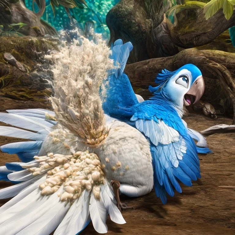 photorealistic, solo, (((( Mimi a female Spix macaw, Blue feathers, avian, feral, hyper excessive anal white feces, screaming)))), hyper realistic, cinematic colors, cinematic lighting, incredible detail, 16k resolution, award winning photography, ((((feral, tail up, rear view lying on back)))), ((((bird legs up, anal white feces, white scat, excessive white feces))))