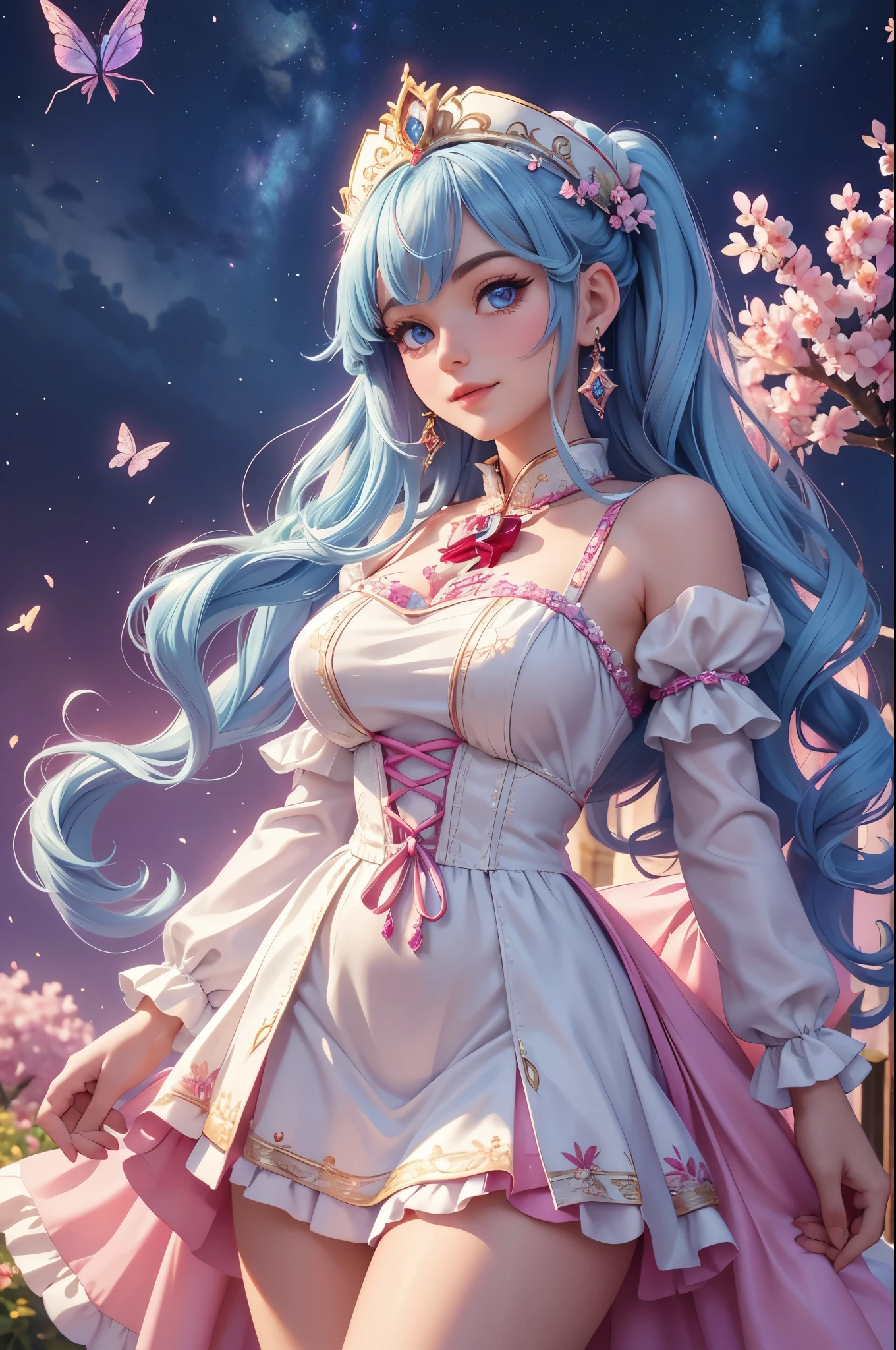 (best quality,4k,8k,highres,masterpiece:1.2),ultra detailed,(realistic,photorealistic,photo-realistic:1.37),acrylic painting,beautiful Swiss godess in a ta dress with downy hair,beautiful Swiss godess with extremely colorful hair and detailed facial features,beautiful Swiss godess standing in a beautiful garden surrounded by a starry sky,beautiful Swiss godess wearing a vibrant Loliress,beautiful Swiss godess with intricate accessories and a matching hat,beautiful Swiss godess posing gracefully with her hands on her hips,beautiful Swiss godess with long flowing twintails,beautiful Swiss godess with bright blue eyes and rosy lips,beautiful Swiss godess with a joyful expression,beautiful Swiss godess in a dynamic pose with cherry blossoms falling around her,beautiful Swiss godess surrounded by colorful flowers and butterflies,beautiful Swiss godess's dress adorned with cute bows and lace details,beautiful Swiss godess with an enchanting smile,beautiful Swiss godess with soft pastel color shading,beautiful Swiss godess with a magical glow illuminating her,beautiful Swiss godess in a picturesque setting with a winding path leading to a magnificent castle,beautiful Swiss godess with a fairytale background,beautiful Swiss godess with a soft dreamy atmosphere,beautiful Swiss godess with a subtle bokeh effect,beautiful Swiss godess standing under a moonlit sky,beautiful Swiss godess with a warm golden sunset in the background,beautiful Swiss godess surrounded by twinkling stars and colorful nebulae,creating an ethereal and captivating artistic masterpiece
