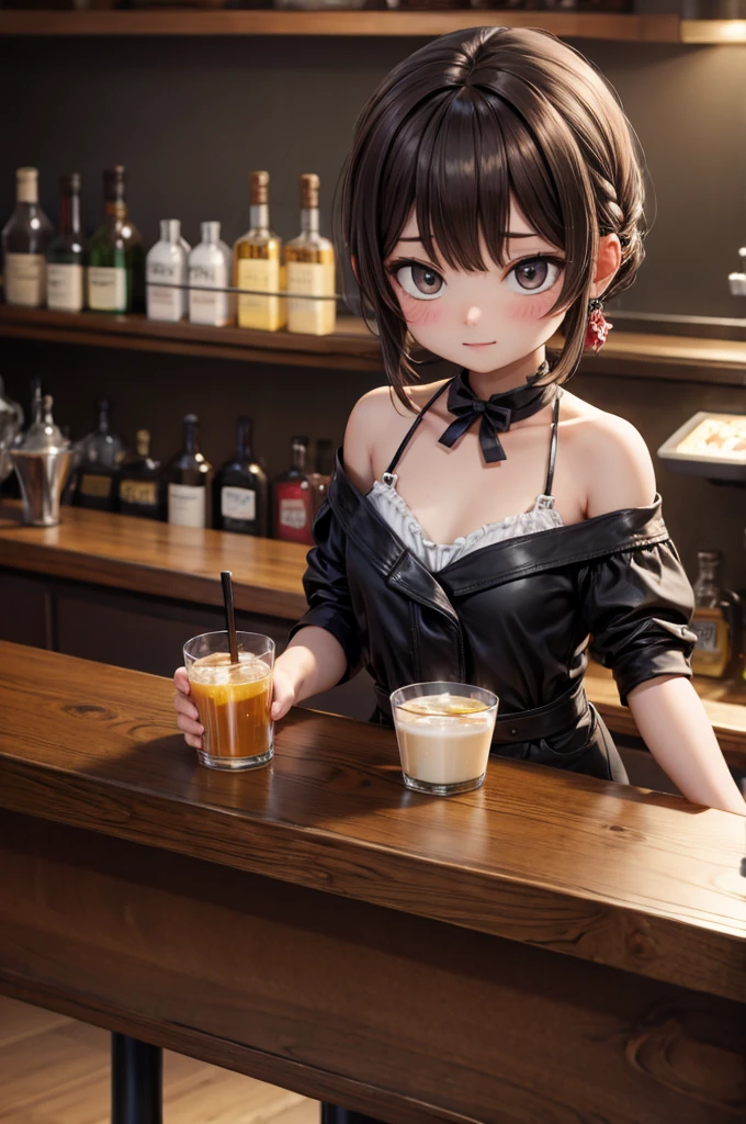 Anime girl holding a drink in a restaurant with a menu in the background, Realistic Anime 3D Style, with a drink, Anime girl drinking energy drink, Smooth anime CG art, [ 4k digital art ]!!, Created by Anime Painter Studio, Gweiz-style artwork, Enchanting anime girl, a Surreal , Surreal 