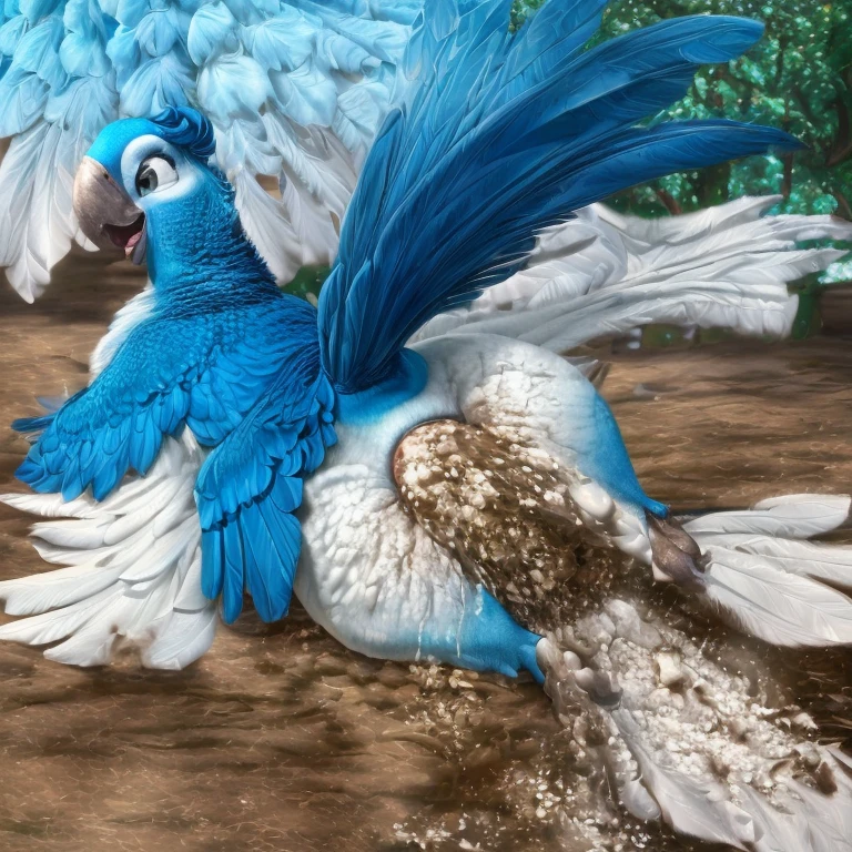 photorealistic, solo, (((( Mimi a female Spix macaw, Blue feathers, avian, feral, hyper excessive anal white feces, screaming)))), hyper realistic, cinematic colors, cinematic lighting, incredible detail, 16k resolution, award winning photography, ((((feral, rear view lying on back)))), ((((anal white feces, white scat, excessive white feces))))