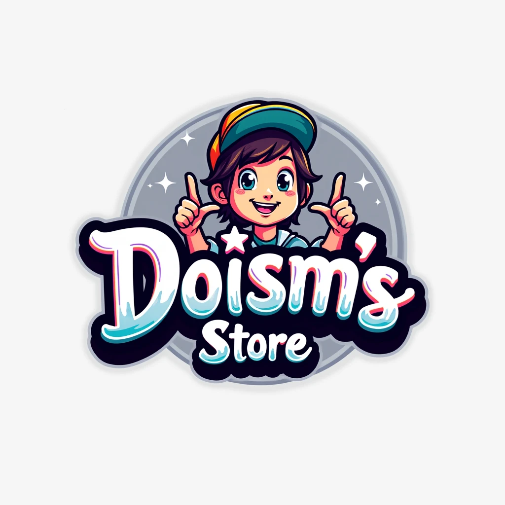  Create an illustration for the brand  "Doism's  Store",  that must be in a colorful graphic style . the name "Doism's "  it is highlighted with modern and elegant letters ,  use a palette of bright and sparkling colors with a fine outline effect ,  while the word  "Store"  is just below the right of the main name in rounded letters in the color white .  Above and next to the name is a stylized icon of a person wearing a cap and making a jewel gesture,  suggesting a relaxed and casual look . The setting is set against shades of gray and white ,  reinforcing the young and modern style of the brand .