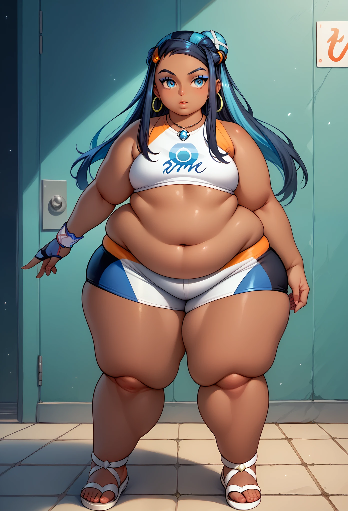 NessaPXL, dark skin, colored skin, blue eyeshadow, blue eyes, black hair, blue hair, colored hair, long hair, hair bun, hoop earrings, small breasts, necklace, white crop top, sleeveless, single glove, white shorts, two-tone shorts, white sandals, fat, chubby, obese