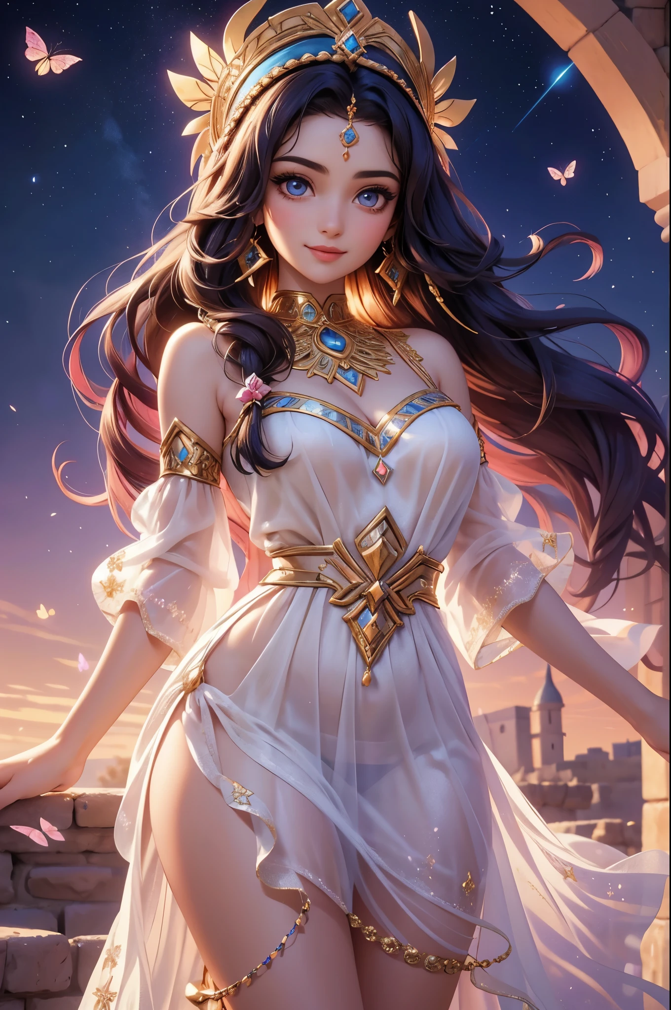 (best quality,4k,8k,highres,masterpiece:1.2),ultra detailed,(realistic,photorealistic,photo-realistic:1.37),acrylic painting,beautiful Arab godess in a Lolita dress with downy hair,beautiful Arab godess with extremely colorful hair and detailed facial features,beautiful Arab godess standing in a beautiful garden surrounded by a starry sky,beautiful Arab godess wearing a vibrant Lolita dress,beautiful Arab godess with intricate accessories and a matching hat,beautiful Arab godess posing gracefully with her hands on her hips,beautiful Arab godess with long flowing twintails,beautiful Arab godess with bright blue eyes and rosy lips,beautiful Arab godess with a joyful expression,beautiful Arab godess in a dynamic pose with cherry blossoms falling around her,beautiful Arab godess surrounded by colorful flowers and butterflies,beautiful Arab godess's dress adorned with cute bows and lace details,beautiful Arab godess with an enchanting smile,beautiful Arab godess with soft pastel color shading,beautiful Arab godess with a magical glow illuminating her,beautiful Arab godess in a picturesque setting with a winding path leading to a magnificent castle,beautiful Arab godess with a fairytale background,beautiful Arab godess with a soft dreamy atmosphere,beautiful Arab godess with a subtle bokeh effect,beautiful Arab godess standing under a moonlit sky,beautiful Arab godess with a warm golden sunset in the background,beautiful Arab godess surrounded by twinkling stars and colorful nebulae,creating an ethereal and captivating artistic masterpiece