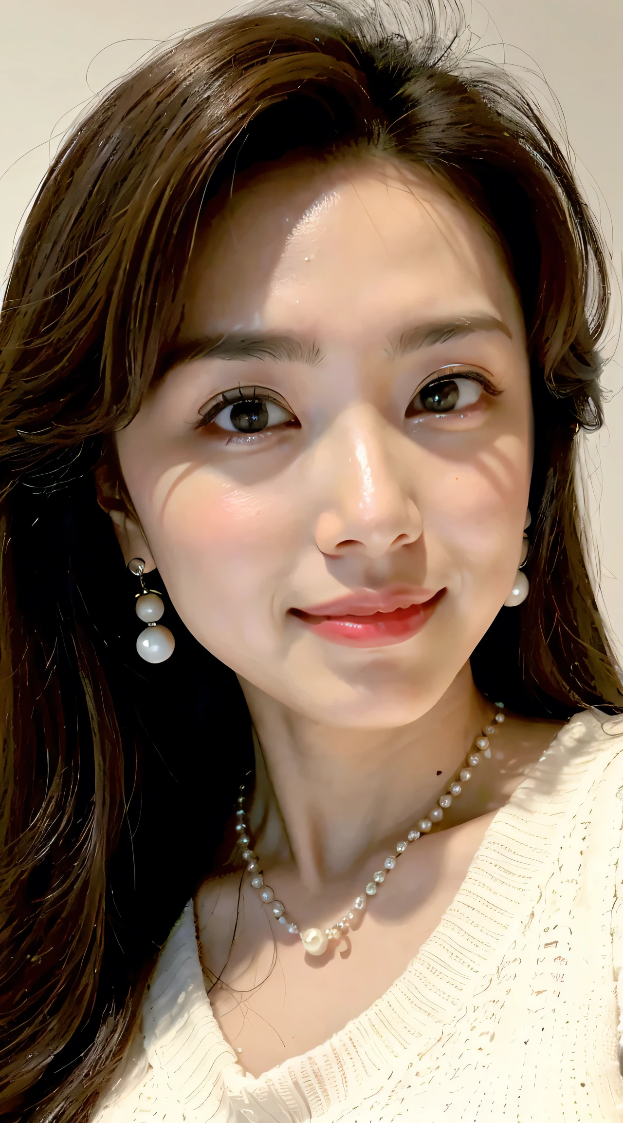 ((Best Quality, 8k, portrait photo: 1.3)), (Viewer Display), Transparent , Sharp focus, Alone, beauty products, medium long hair , pearl necklace 、 pearl earrings 、 Medium breast, (V-neck sleeveless knit dress),30 years old、 Floral Background、