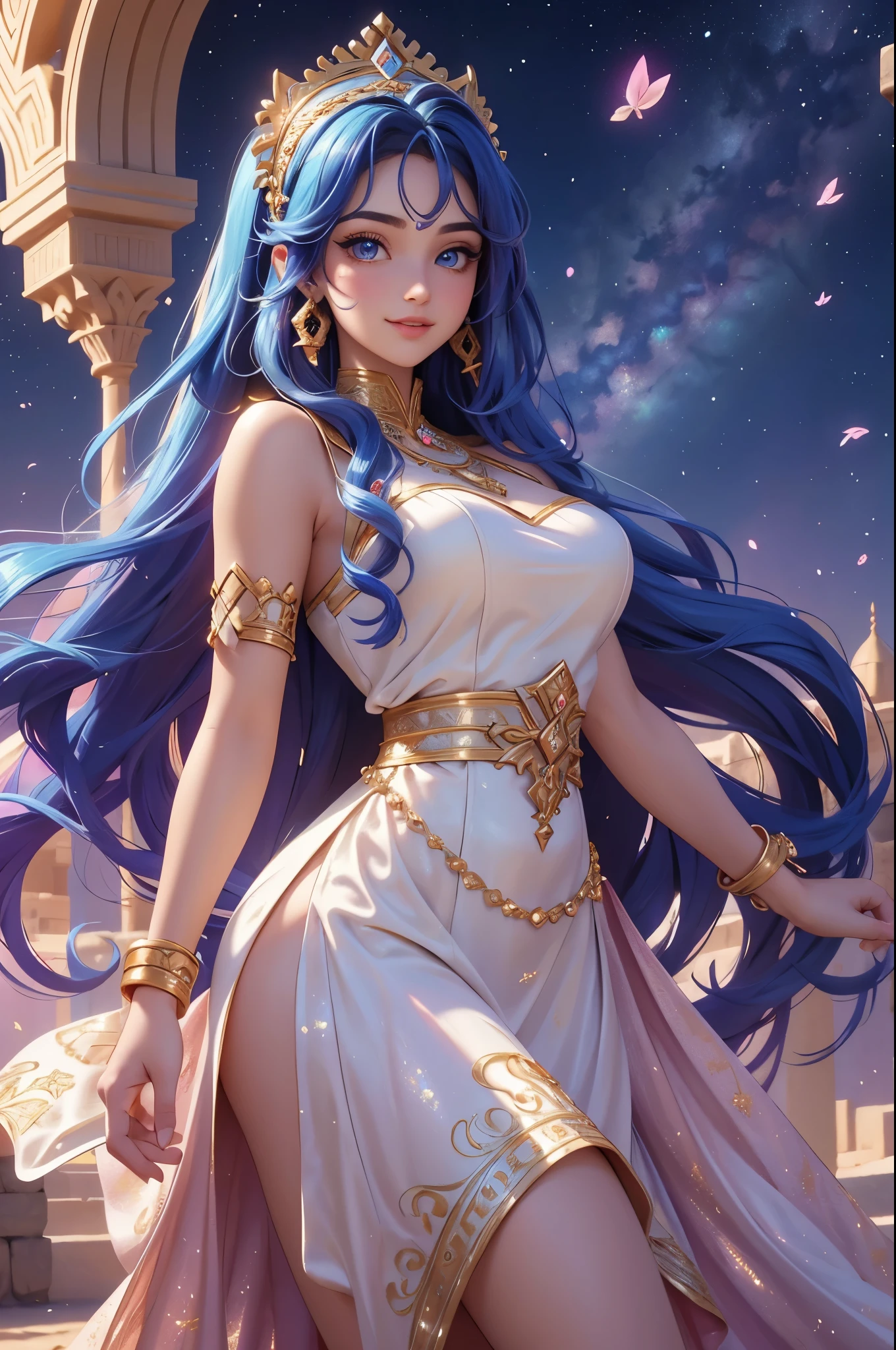 (best quality,4k,8k,highres,masterpiece:1.2),ultra detailed,(realistic,photorealistic,photo-realistic:1.37),acrylic painting,beautiful Arab godess in a ta dress with downy hair,beautiful Arab godess with extremely colorful hair and detailed facial features,beautiful Arab godess standing in a beautiful garden surrounded by a starry sky,beautiful Arab godess wearing a vibrant Loliress,beautiful Arab godess with intricate accessories and a matching hat,beautiful Arab godess posing gracefully with her hands on her hips,beautiful Arab godess with long flowing twintails,beautiful Arab godess with bright blue eyes and rosy lips,beautiful Arab godess with a joyful expression,beautiful Arab godess in a dynamic pose with cherry blossoms falling around her,beautiful Arab godess surrounded by colorful flowers and butterflies,beautiful Arab godess's dress adorned with cute bows and lace details,beautiful Arab godess with an enchanting smile,beautiful Arab godess with soft pastel color shading,beautiful Arab godess with a magical glow illuminating her,beautiful Arab godess in a picturesque setting with a winding path leading to a magnificent castle,beautiful Arab godess with a fairytale background,beautiful Arab godess with a soft dreamy atmosphere,beautiful Arab godess with a subtle bokeh effect,beautiful Arab godess standing under a moonlit sky,beautiful Arab godess with a warm golden sunset in the background,beautiful Arab godess surrounded by twinkling stars and colorful nebulae,creating an ethereal and captivating artistic masterpiece