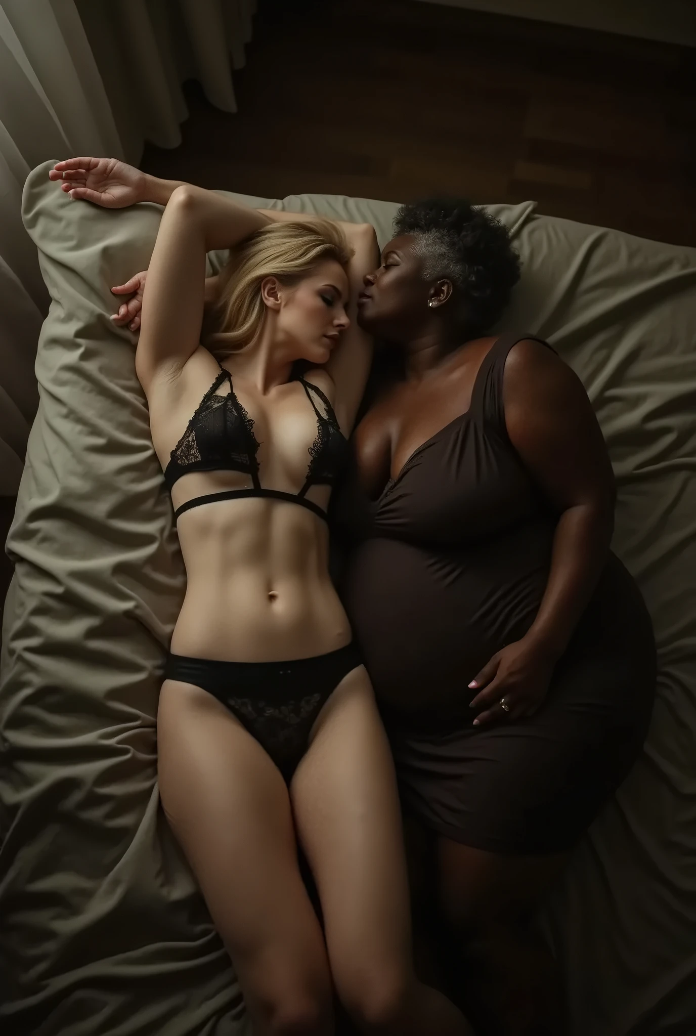 Create a photo of a single young woman aged 25, com pele branca e clara, slender and beautiful body, long brown hair, wearing black lace panties, and her bare breasts are being kissed by a 90 year old elderly woman, obese, dark black skinned woman who is wearing a long dress