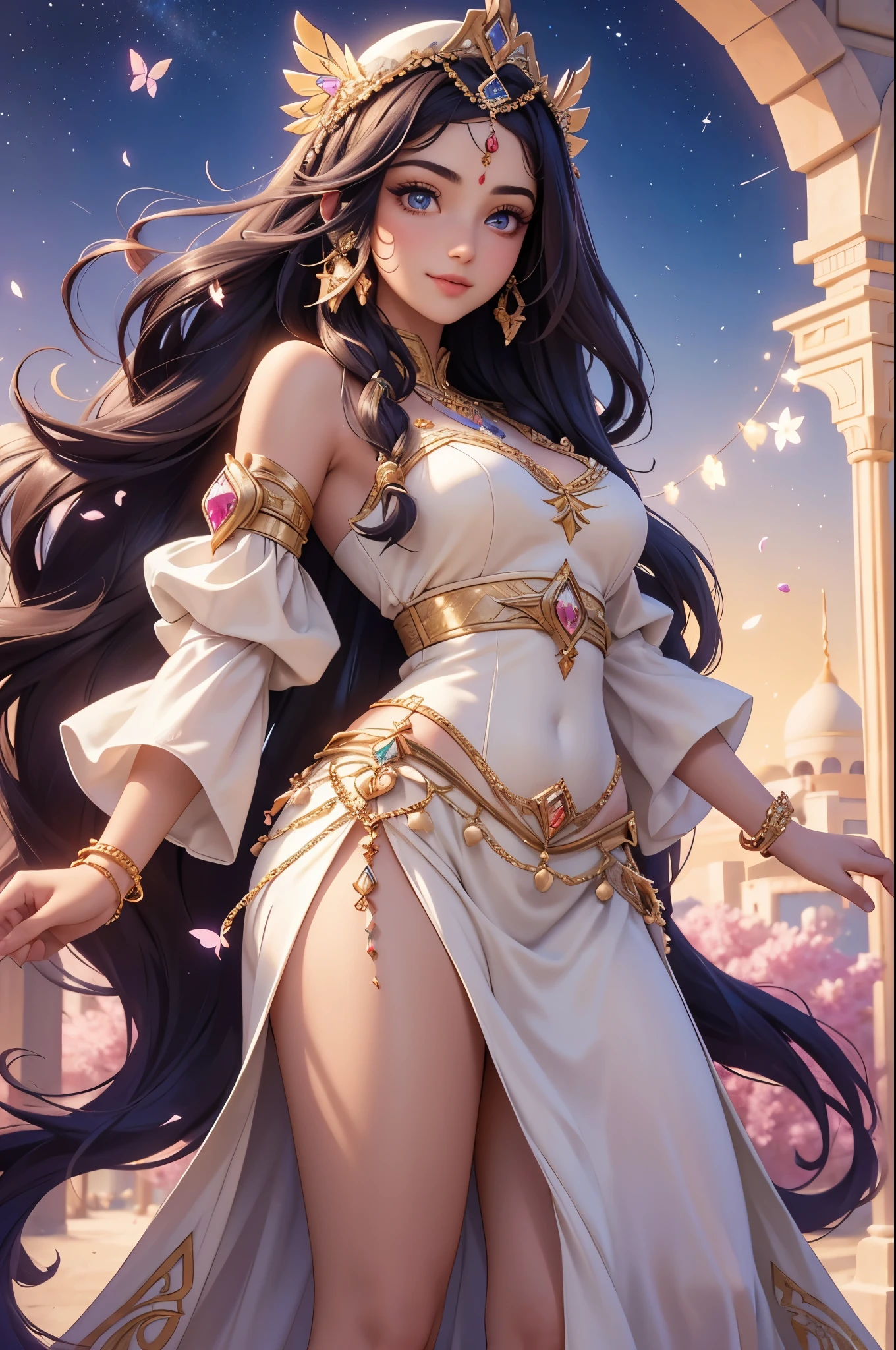 (best quality,4k,8k,highres,masterpiece:1.2),ultra detailed,(realistic,photorealistic,photo-realistic:1.37),acrylic painting,beautiful Arab godess in a Lolita dress with downy hair,beautiful Arab godess with extremely colorful hair and detailed facial features,beautiful Arab godess standing in a beautiful garden surrounded by a starry sky,beautiful Arab godess wearing a vibrant Lolita dress,beautiful Arab godess with intricate accessories and a matching hat,beautiful Arab godess posing gracefully with her hands on her hips,beautiful Arab godess with long flowing twintails,beautiful Arab godess with bright blue eyes and rosy lips,beautiful Arab godess with a joyful expression,beautiful Arab godess in a dynamic pose with cherry blossoms falling around her,beautiful Arab godess surrounded by colorful flowers and butterflies,beautiful Arab godess's dress adorned with cute bows and lace details,beautiful Arab godess with an enchanting smile,beautiful Arab godess with soft pastel color shading,beautiful Arab godess with a magical glow illuminating her,beautiful Arab godess in a picturesque setting with a winding path leading to a magnificent castle,beautiful Arab godess with a fairytale background,beautiful Arab godess with a soft dreamy atmosphere,beautiful Arab godess with a subtle bokeh effect,beautiful Arab godess standing under a moonlit sky,beautiful Arab godess with a warm golden sunset in the background,beautiful Arab godess surrounded by twinkling stars and colorful nebulae,creating an ethereal and captivating artistic masterpiece