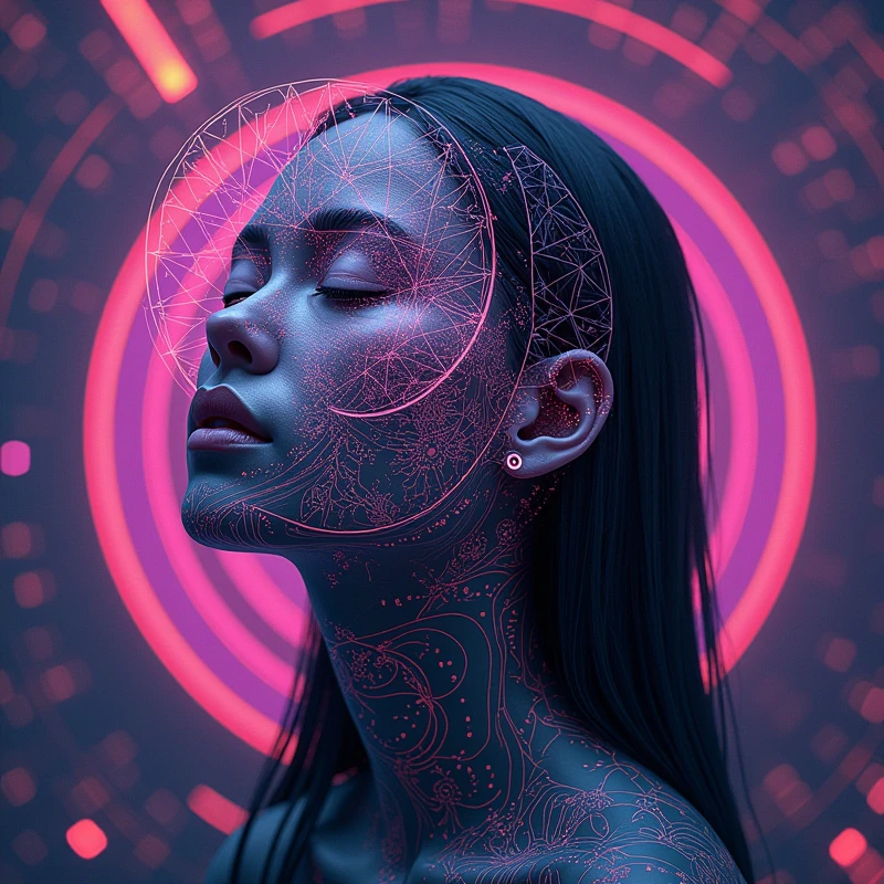 Create a logo for "Roya Glam," a modeling agency specializing in AI models. The design should seamlessly blend elements representing both human and AI models. Incorporate sleek, modern aesthetics that reflect sophistication and innovation. Consider using abstract or geometric shapes to symbolize the fusion of human beauty and advanced technology, with a color palette that exudes elegance and futuristic vibes. The logo should capture the essence of cutting-edge fashion and the seamless integration of AI in the modeling industry.