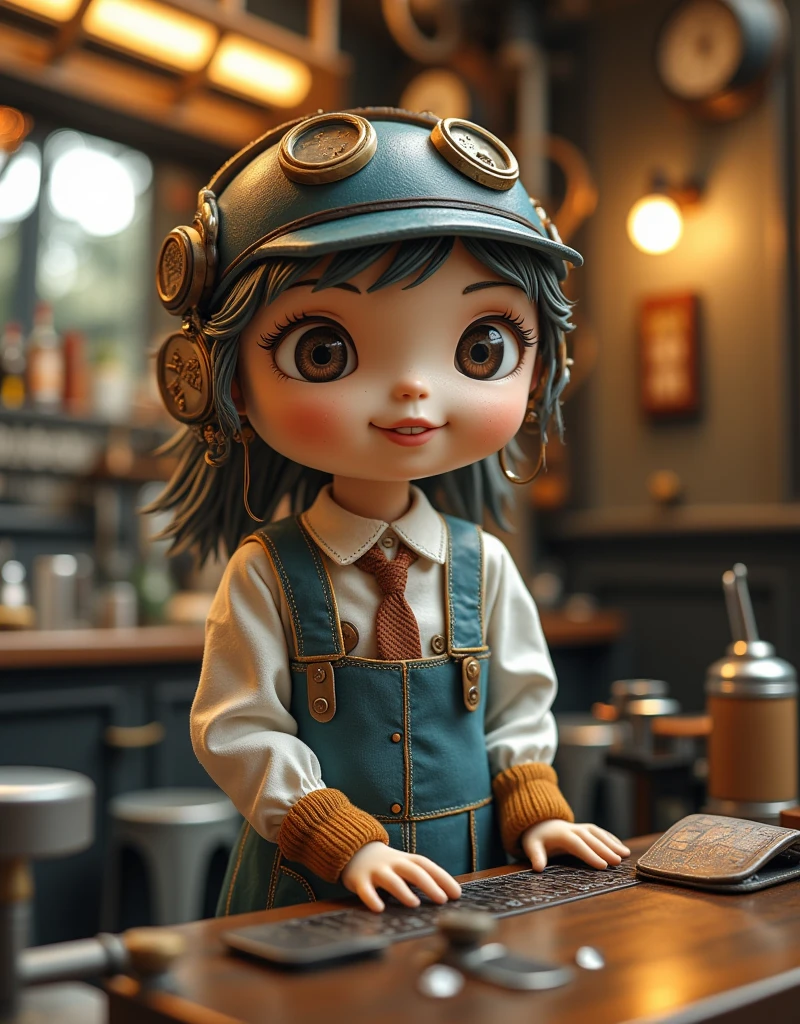 Steampunk world,  Steampunk Style Bar  ,   Bar with Steampunk Counter ,   Pewter Toy Style Bartender , Fujiko Fujio Style ,  Japanese cartoon , High Detail,  super detailed, High quality,  are of the best quality, masterpiece