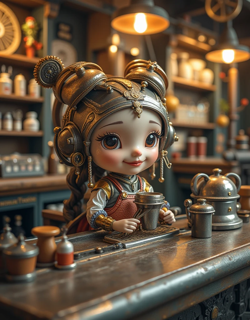 Steampunk world,  Steampunk Style Bar  ,   Bar with Steampunk Counter ,   Pewter Toy Style Bartender , Fujiko Fujio Style ,  Japanese cartoon , High Detail,  super detailed, High quality,  are of the best quality, masterpiece