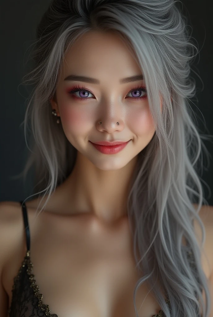 A stunning East Asian woman with a sexy face and a big booty and large breast in a white penny, wedding dress, and gray hair poses outside a strip club. Capture the allure of a 19-year-old slut as she showcases her perfect body and horny demeanor while wearing a white bra, white boot, and gray hair.Solo, 1girl, High Resolution, Breasts, Smile, Looking at viewer, Long Hair, Blue eyes, Tears, Abstract, 