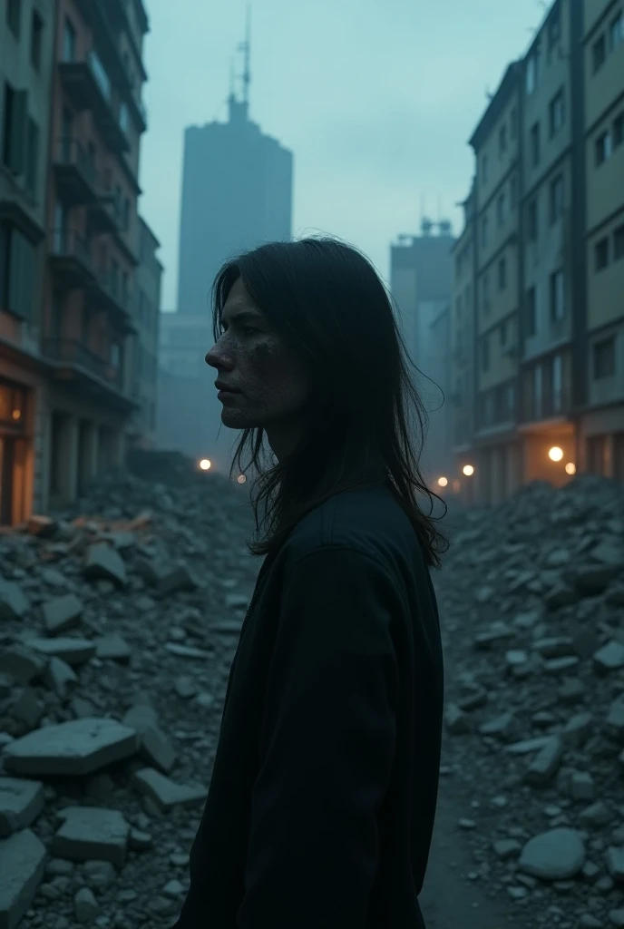 
cinématographique hyperrealism: imagine a highly visual image, imbued with raw emotion and melancholy. cinématographique photorealism: Use hyper-réaliste textures, particularly for the protagonist's skin, hair and environment, to create a contrast between the natural and the artificial. Glitch VFX: cinématographique, hyper-réaliste. imagine a highly visual image, imbued with raw emotion and melancholy. Visual cinematic photorealism: A crumbling urban ruin at twilight, where old and modern architecture collide, creating a chaotic landscape. Cold bluish tones dominate, with warm light occasionally escaping from broken window panes, casting fleeting, hopeful glows. The character stands amidst the rubble, a distorted face of sorrow and reflection. The background is a tapestry of jagged shadows, urban decay, and surreal elements like melted facades, evoking an air of dreamlike despair. A dystopian, melancholic photo-realistic portrayal combining the dark, poetic atmosphere and the raw emotional pain of Damien Saez, Bashung, and Mano Solo. Blending the mystique of dystopian comics by Enki Bilal with the distorted, expressionist agony of Francis Bacon's art. Scenes set in cold, desolate urban landscapes and barren expanses reflect the isolated feel reminiscent of Wim Wenders' films, using blue and grey tones interspersed with warm light flashes. Surrealist dreamlike elements.  Physical characteristics of the protagonist: overlay techniques to achieve 8K resolution with rich textures and intricate detail, capturing both the sinister and fantastical spirit.8K((meilleure qualité, chef-d'œuvre)),

