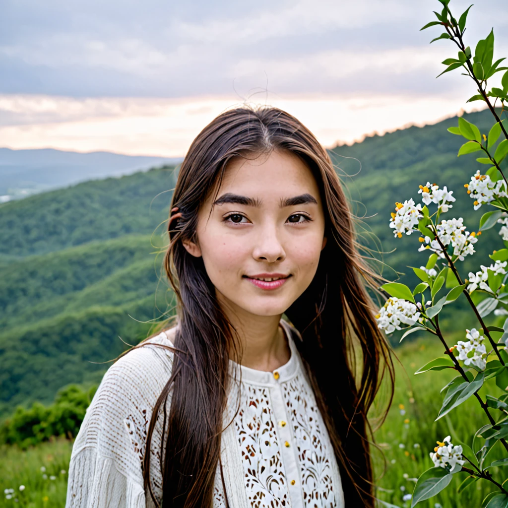 1girl, brown eyes:, dark skin, nose, freckles, black hair, closed mouth, looking at viewer, long hair, Floral print blouse, outdoors, background: Paro Valley, Bhutan , (((upper body))), <lora:Rachel Shea-000002:1>
