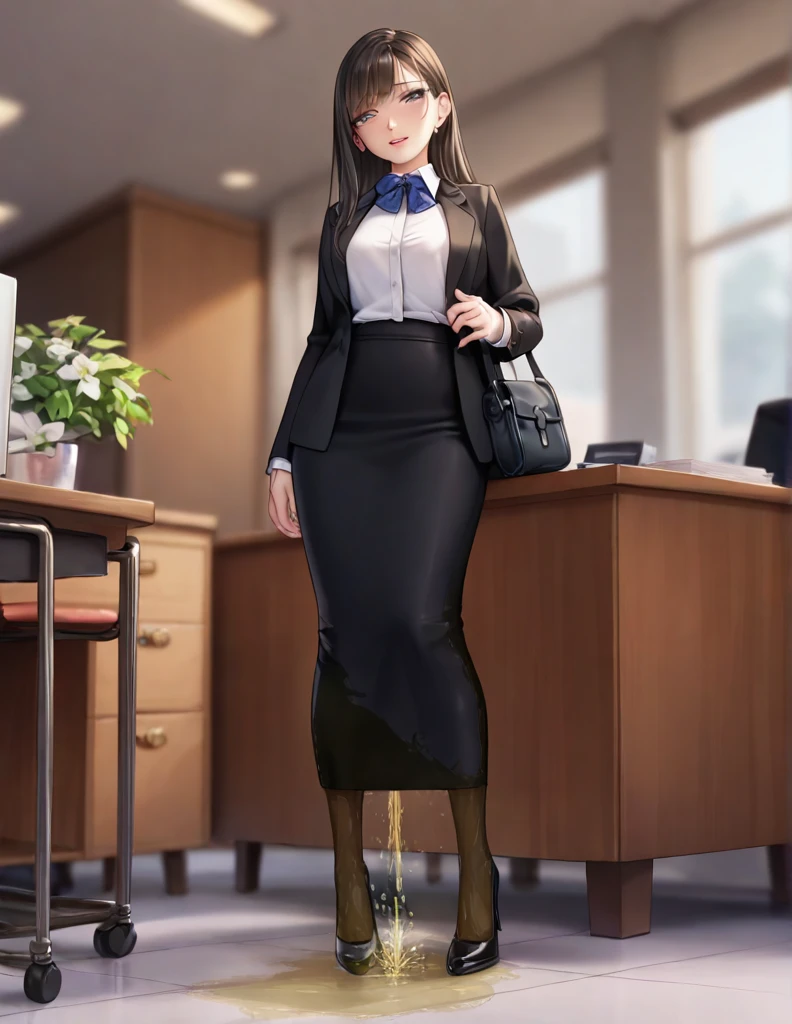 ((Best Quality)), ((masterpiece)), (be familiar with) Perfect Face、Mature beautiful woman、Standing up、Office Style、business suit、Black jacket、White shirt、Black pencil skirt、,(very long skirt), Black Pantyhose、Wearing black high heel pumps、, ((peeing self))Pee all over the body、Urine、the whole body is wet