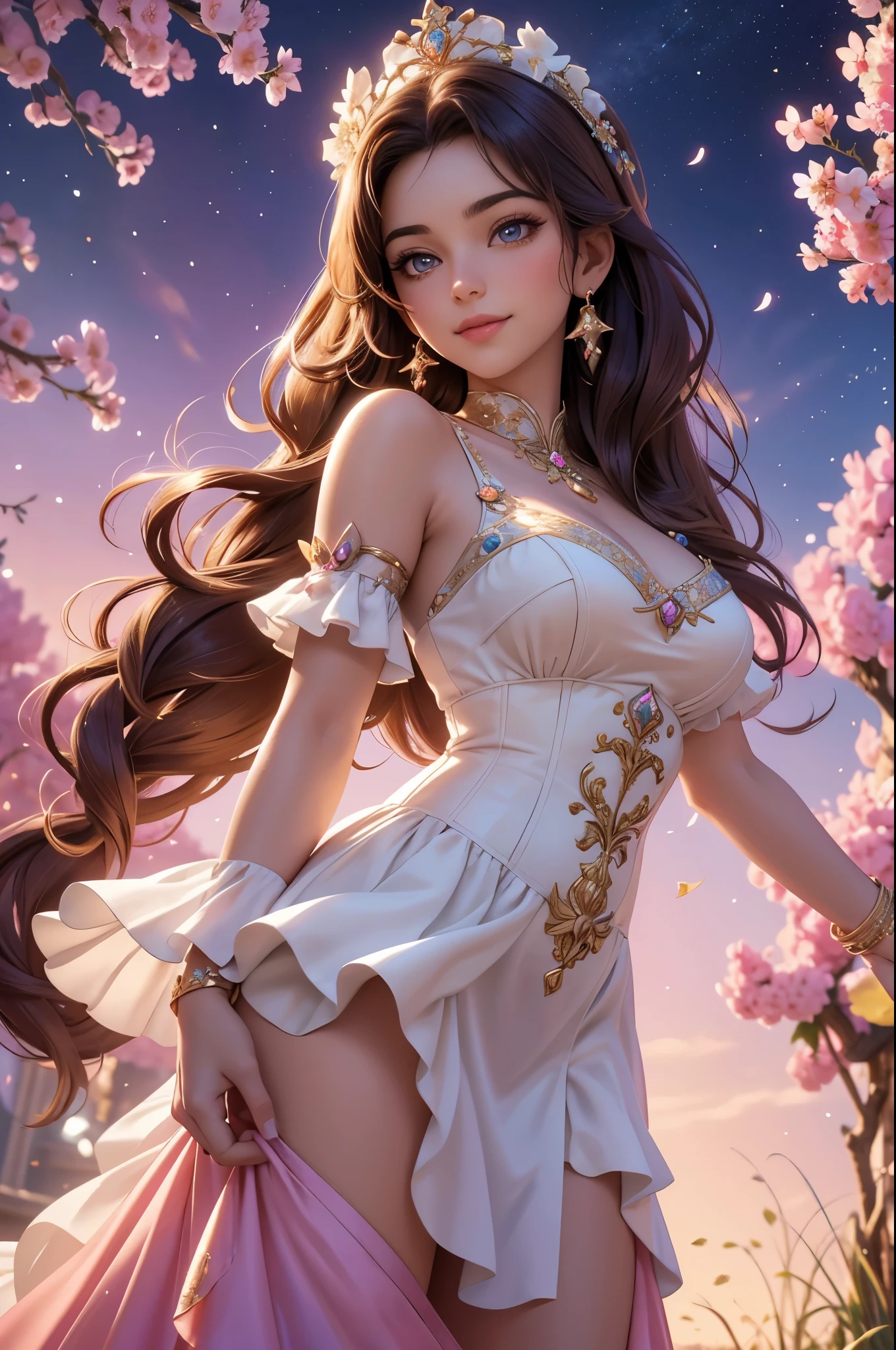 lucy pinder, Best quality, massive breasts, brown long hair, blue eyes, skimpy thin white dress, sunset, upper body, sexy, angelic, thin fabric, see through, god rays, fluffy clouds, colourful flower field,