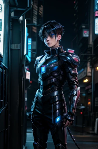 A 、Future City、    anime boy is wearing a futuristic costume against a canvas texture、I have blue eyes and dark hair , Cyberpunk Anime Boy,    boy equipped with mecha cyber armor  