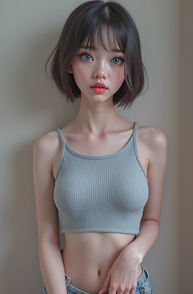 A , cute girl with short black hair, small breasts and a big ass, completely naked