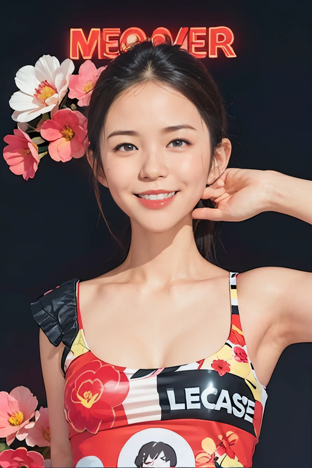 This image features a graphic design with a central character wearing tank top and smile . Around the character, there are neon light effects and red flowers, which looks like digital art rather than real flowers. The name “Fooxer” is clearly displayed at the bottom of the image in white letters that have a shadow effect so that it looks three-dimensional.. Overall, The aesthetic of this image is bright and modern.,
