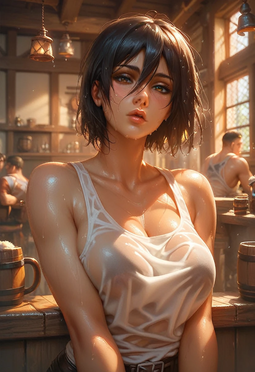 (score_9, score_8_up, score_7_up, score_6_up, score_5_up, score_4_up), 1girl, Mikasa ackerman (attack on titan), pose, wet tanktop, looking at viewer, closeup, tavern, sexy, hot, dim light, sweat, wet hair,