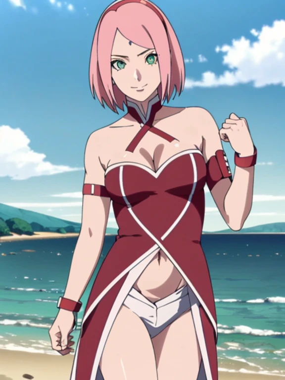 (masterpiece:1.2), (best quality:1.2), beautiful, high quality, (highres:1.1), detailed, extremely detailed 4K, perfect eyes, perfect face, perfect lighting, (1girl, solo, adult female, mature female), sakura shippuden, forehead mark, pink hair, green eyes, 
(((Wearing Red Lingerie, Hands Behind The Head, Armpits))), tropical, beach background, sexy pose, standing, smirk, skindentation, muscular, [abs], (cameltoe:1.1), thigh gap, strapless, (shiny), ultra HD, High Resolution, 8K 