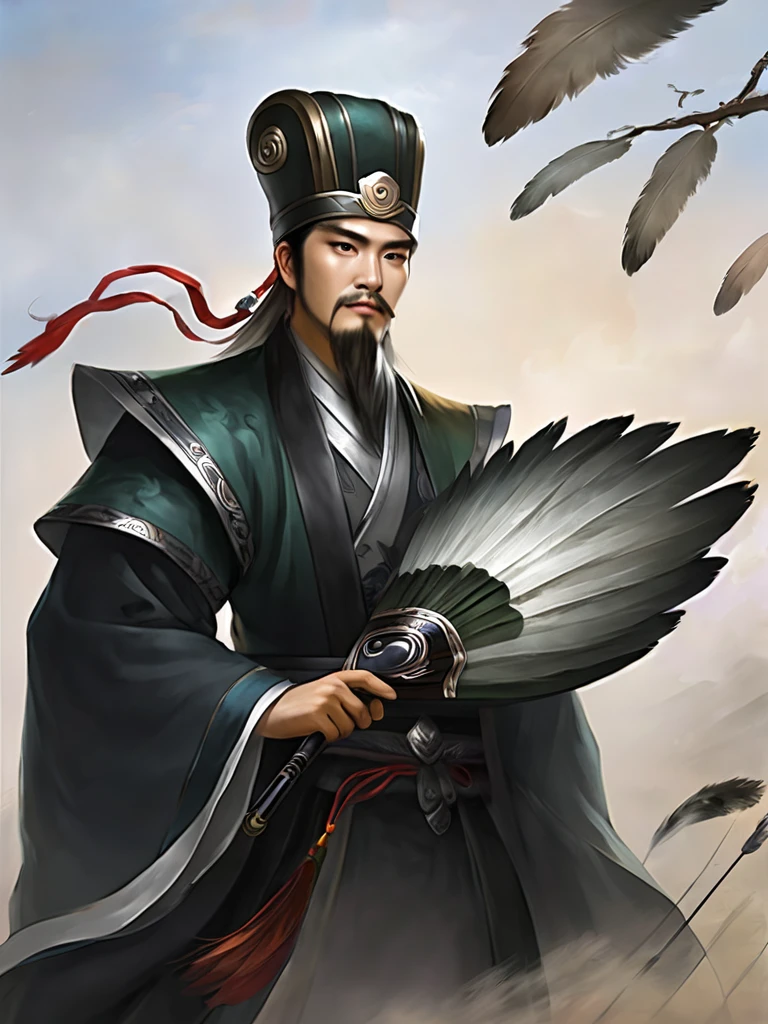 Write a canvas texture on the background, masterpiece, Man with a feather fan、 Black Hanfu, Fabric hat,  Full Shot, On the battlefield 