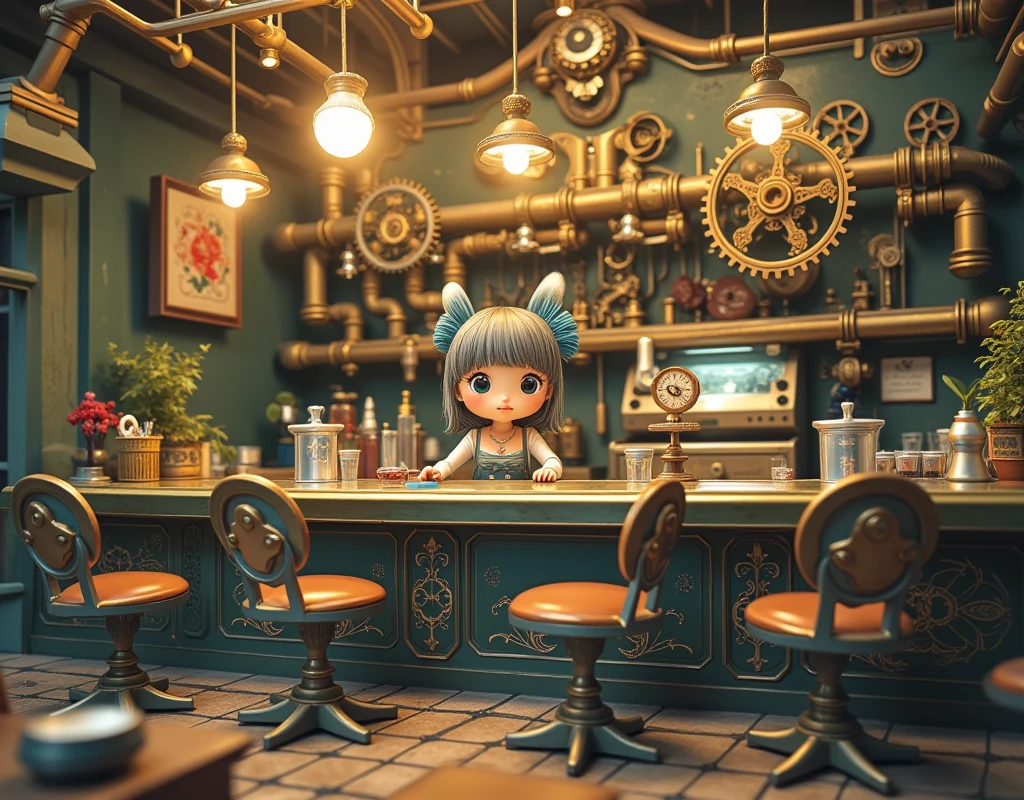 Steampunk World ,  Steampunk Style Bar  ,   Bar with Steampunk Counter ,   pewter toy style bartender , Fujiko Fujio Style ,  Japanese cartoon , High Detail,  super detailed, High quality,  are of the best quality, masterpiece