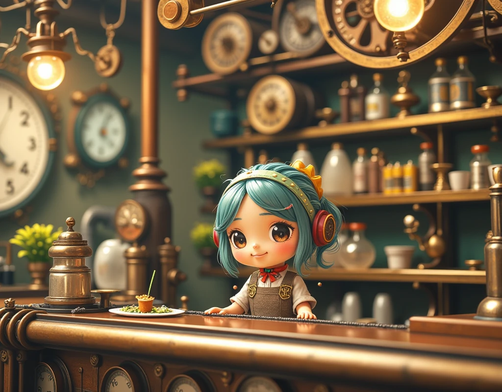 Steampunk World ,  Steampunk Style Bar  ,   Bar with Steampunk Counter ,   pewter toy style bartender , Fujiko Fujio Style ,  Japanese cartoon , High Detail,  super detailed, High quality,  are of the best quality, masterpiece