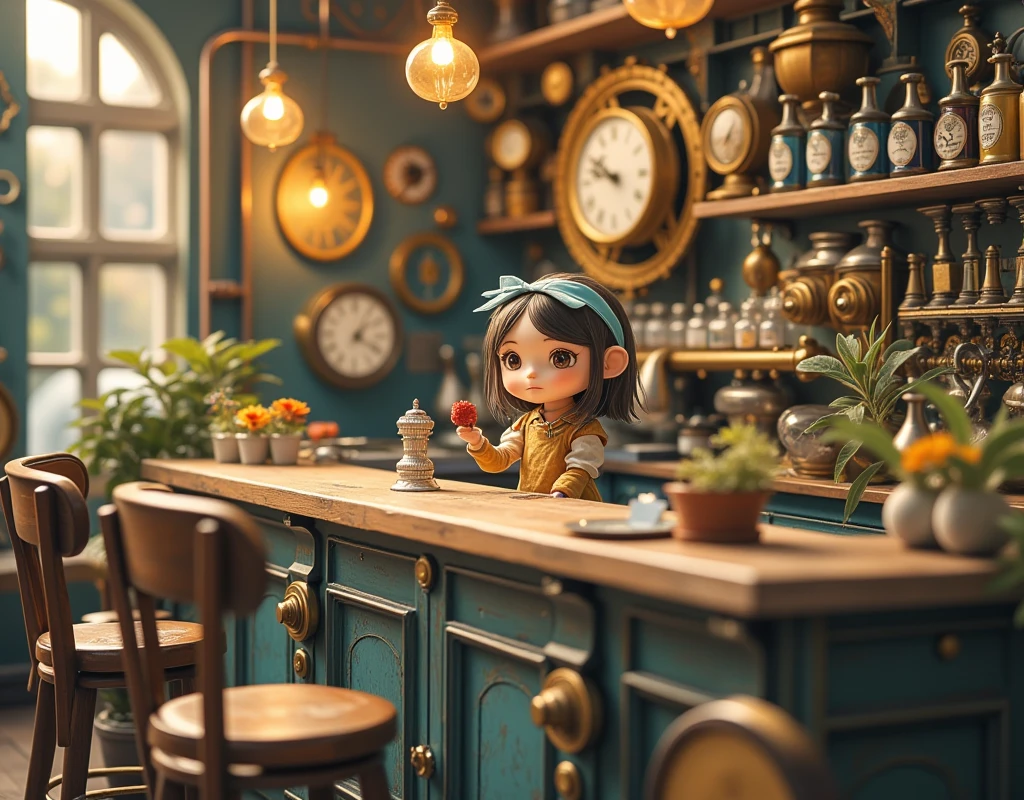 Steampunk World ,  Steampunk Style Bar  ,   Bar with Steampunk Counter ,   pewter toy style bartender , Fujiko Fujio Style ,  Japanese cartoon , High Detail,  super detailed, High quality,  are of the best quality, masterpiece