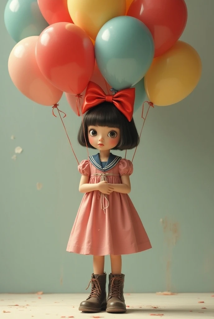 full standing image of a white kid girl holding a red ballon and wearing a dress and shoes looking directly back to the viewer